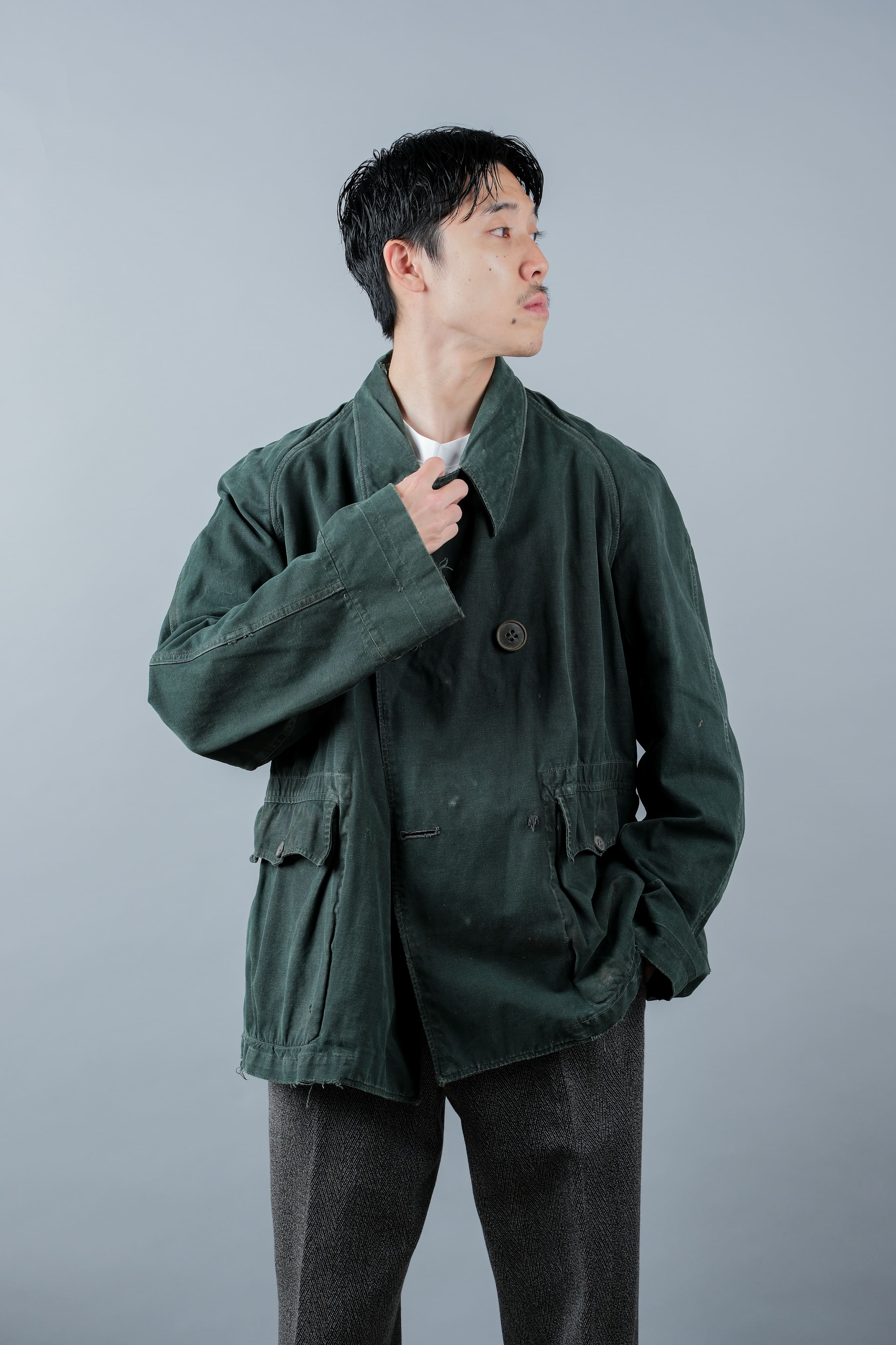 【~40's】WWII French CJF Green Cotton Linen Double Breasted Jacket "Modified"