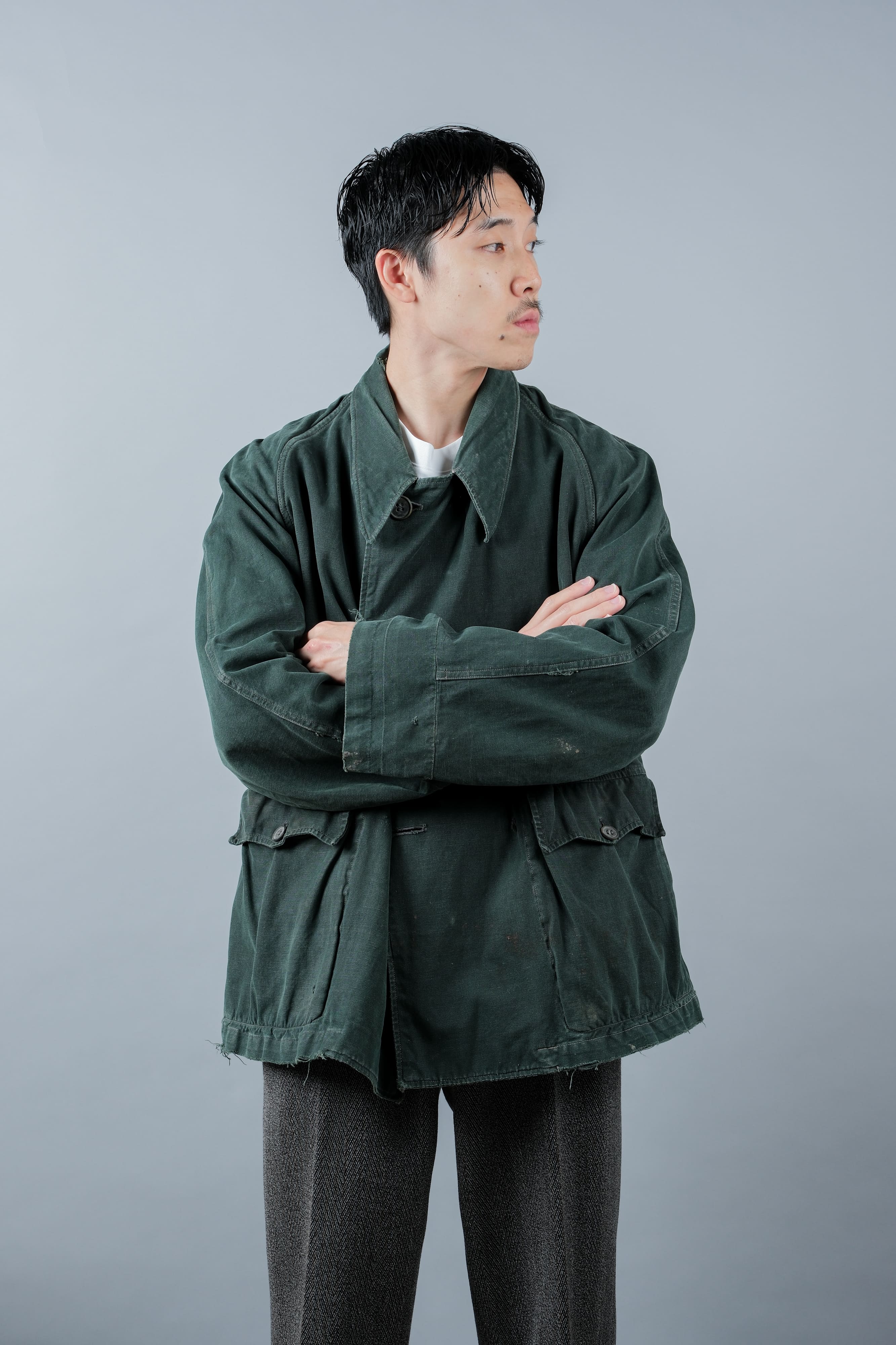 【~40's】WWII French CJF Green Cotton Linen Double Breasted Jacket "Modified"