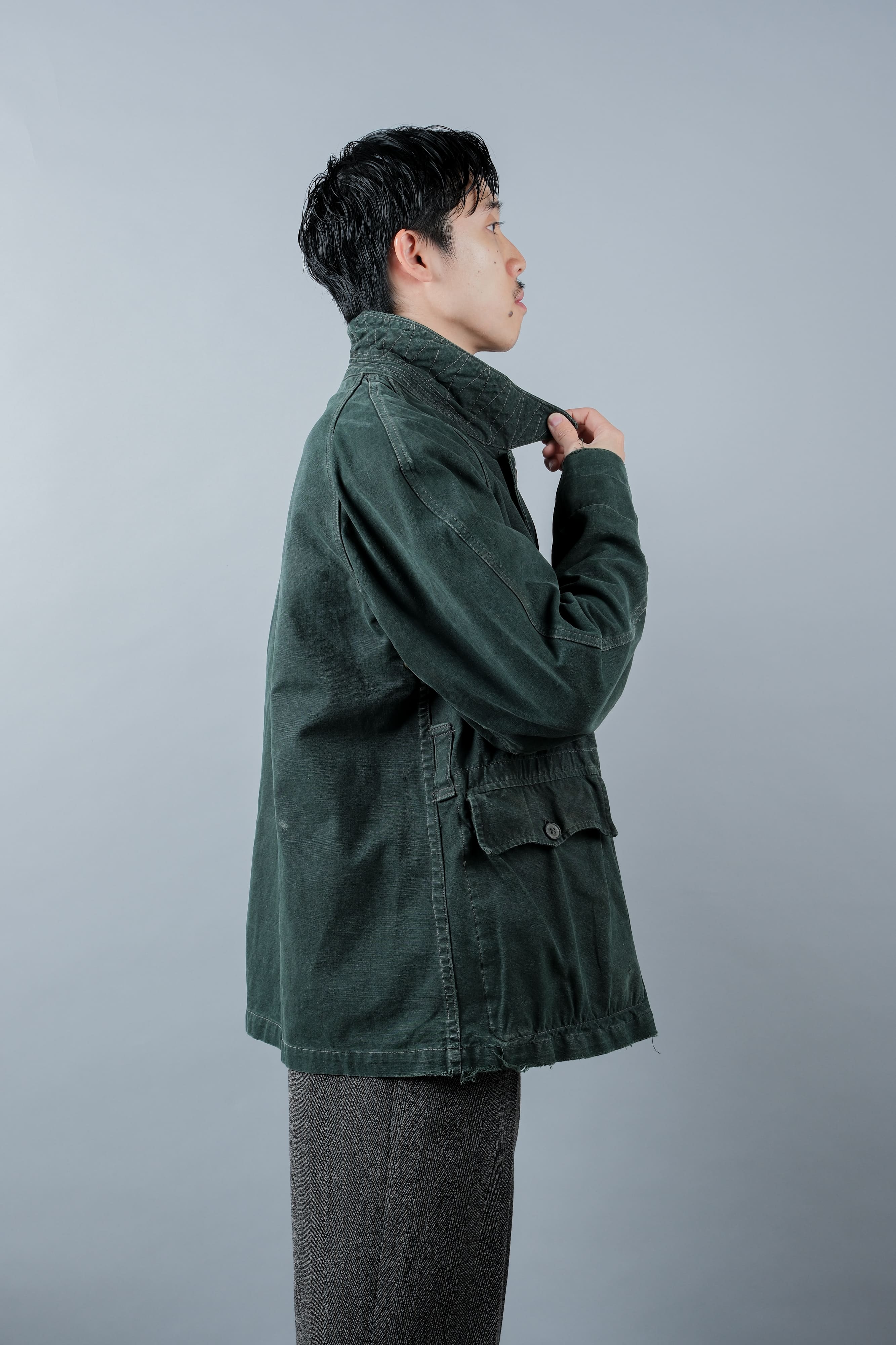 【~40's】WWII French CJF Green Cotton Linen Double Breasted Jacket "Modified"