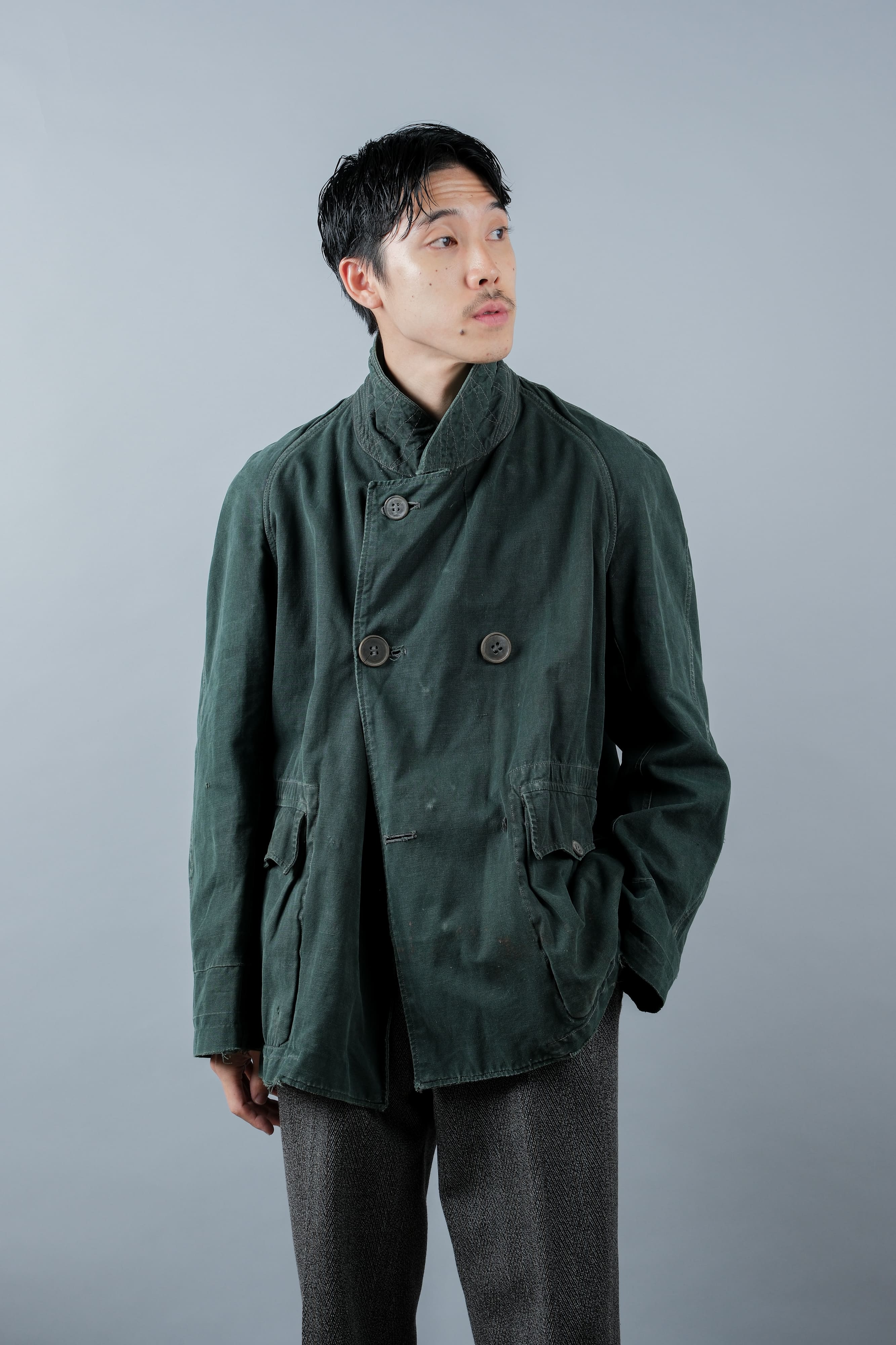 【~40's】WWII French CJF Green Cotton Linen Double Breasted Jacket "Modified"