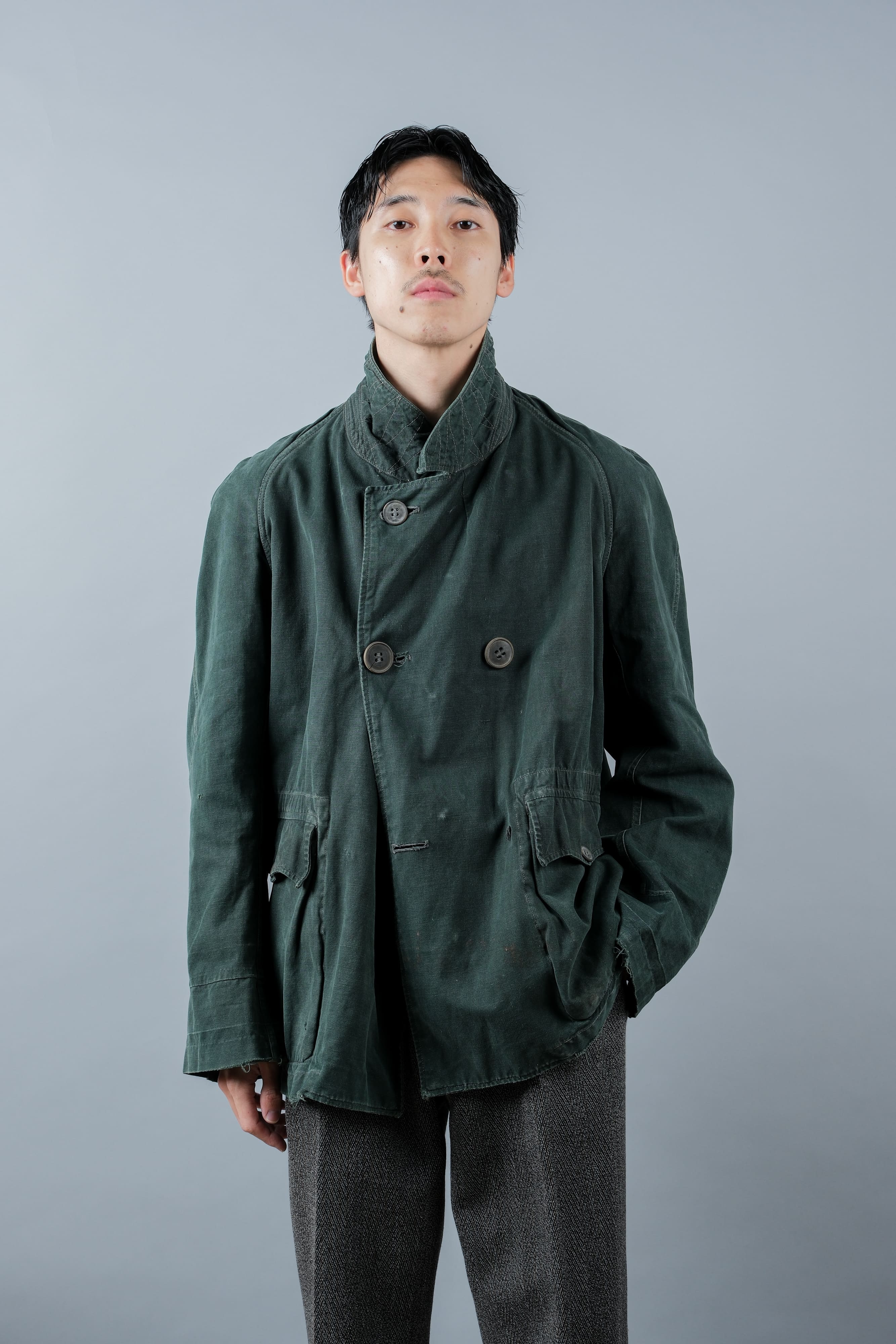 【~40's】WWII French CJF Green Cotton Linen Double Breasted Jacket "Modified"