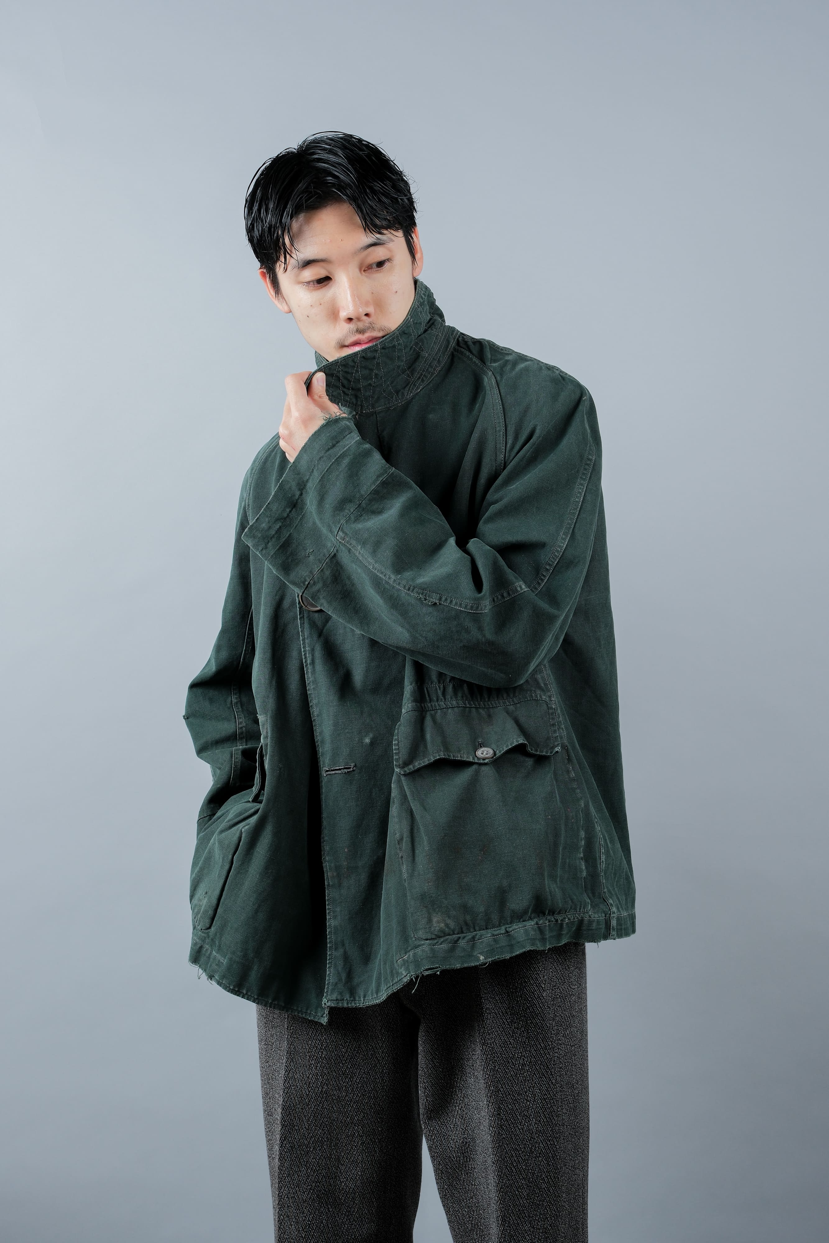 【~40's】WWII French CJF Green Cotton Linen Double Breasted Jacket "Modified"