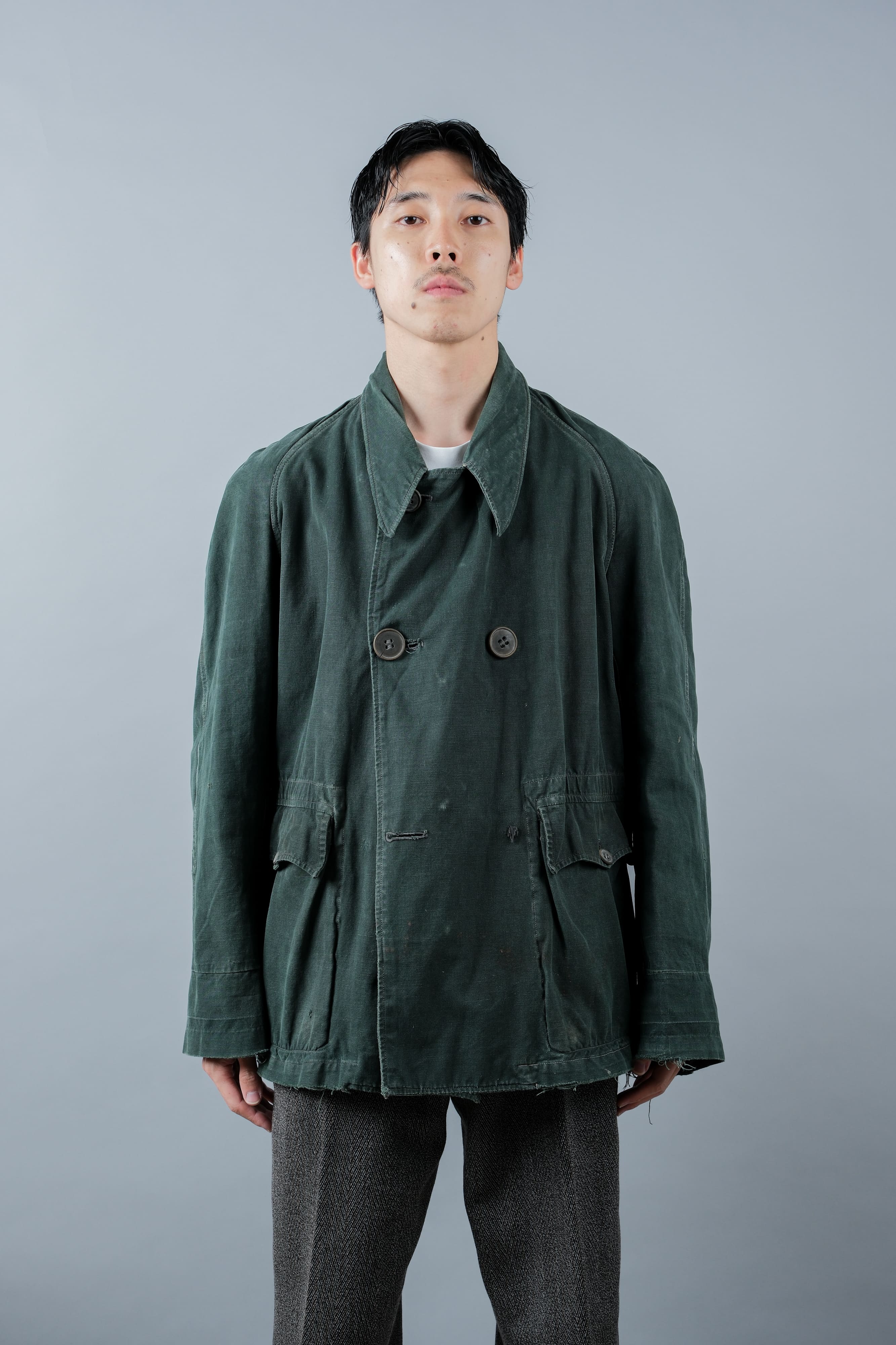 【~40's】WWII French CJF Green Cotton Linen Double Breasted Jacket "Modified"