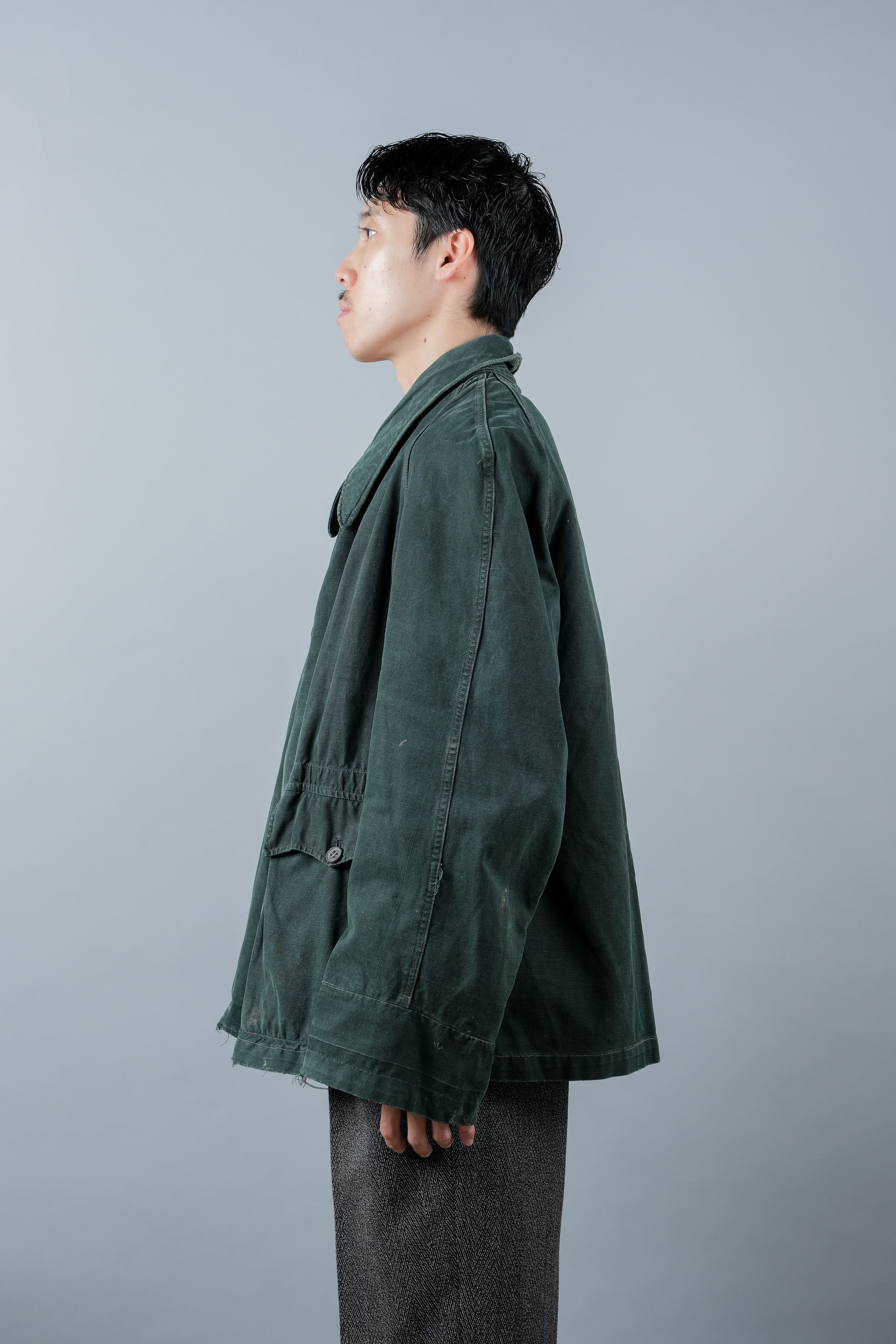 【~40's】WWII French CJF Green Cotton Linen Double Breasted Jacket "Modified"