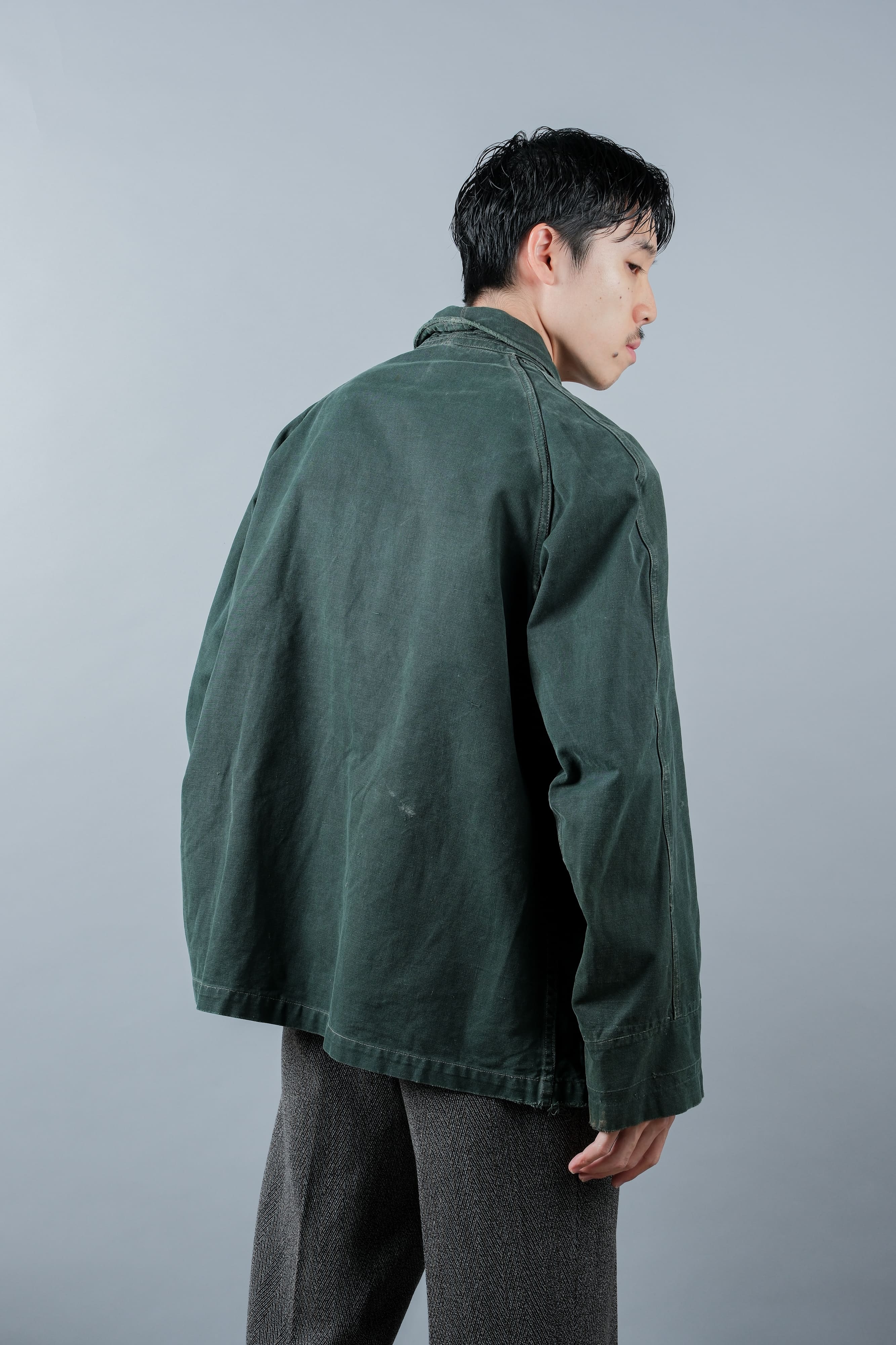 【~40's】WWII French CJF Green Cotton Linen Double Breasted Jacket "Modified"