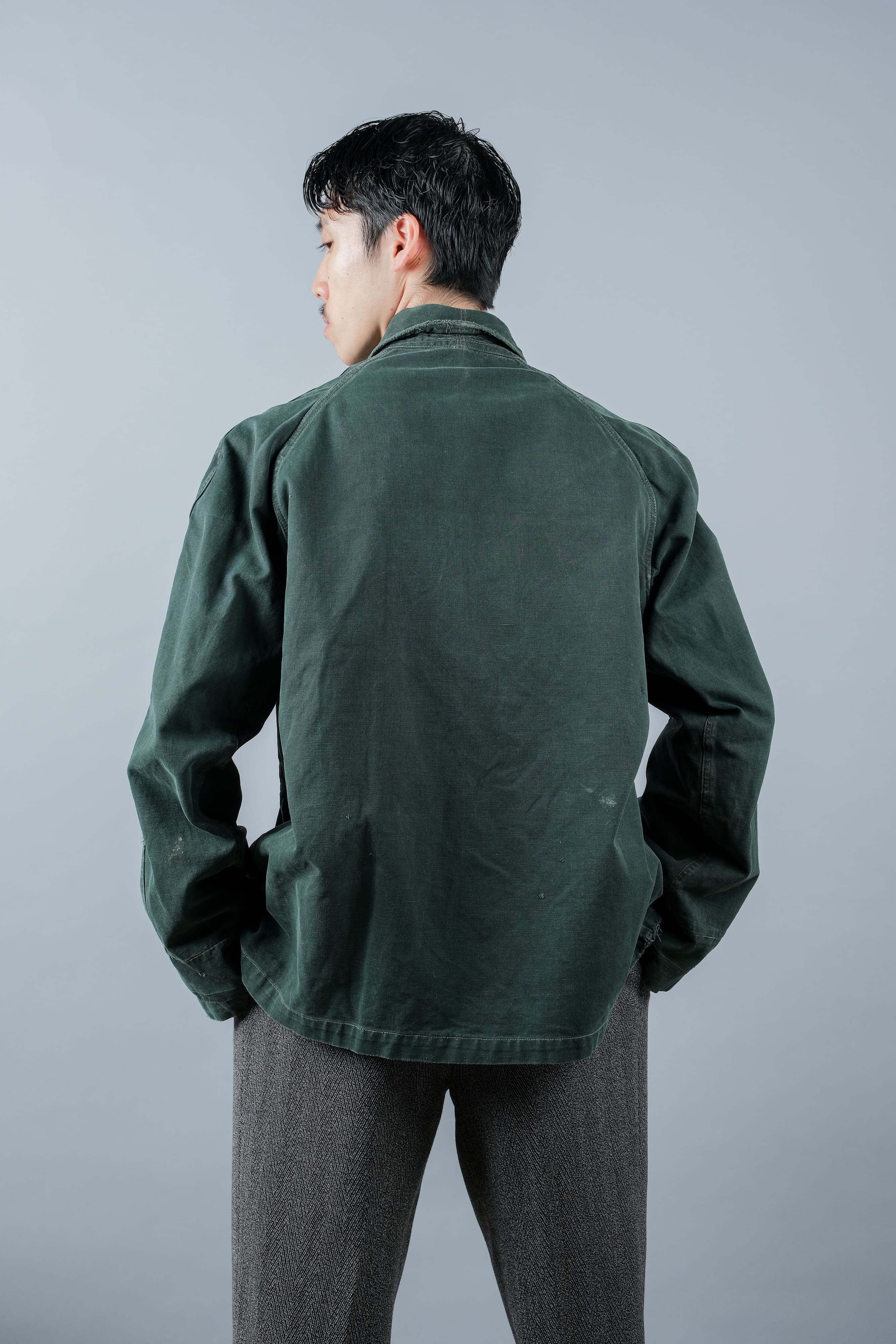 【~40's】WWII French CJF Green Cotton Linen Double Breasted Jacket "Modified"