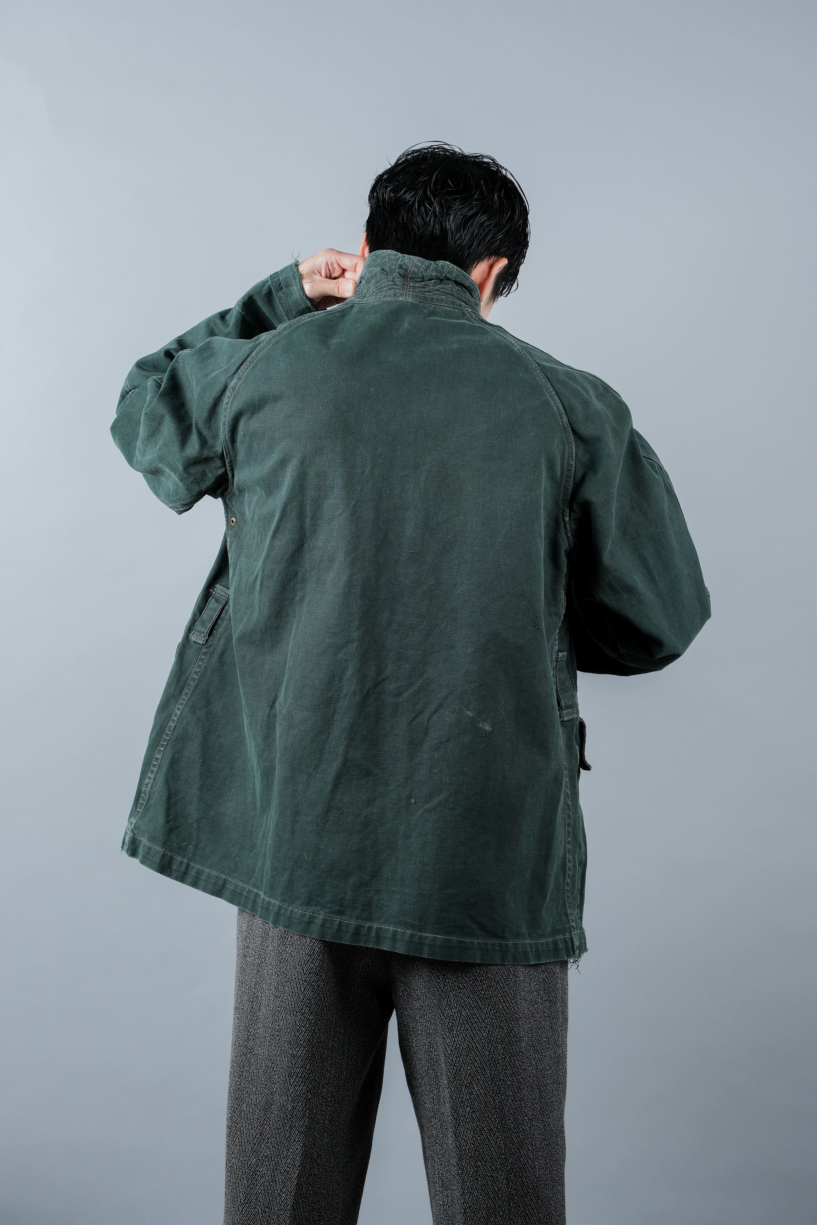 【~40's】WWII French CJF Green Cotton Linen Double Breasted Jacket "Modified"