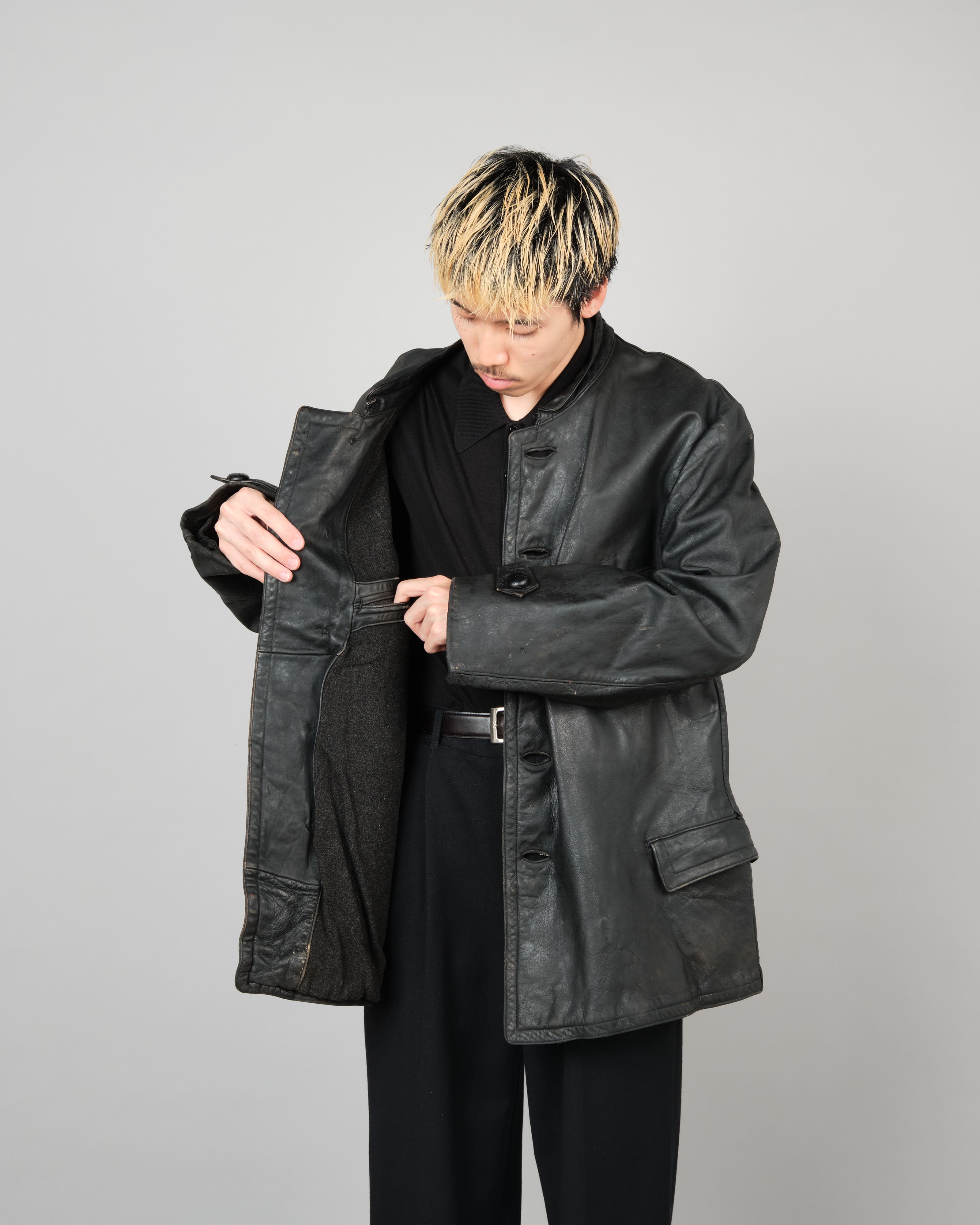 【~40's】WWII German Navy U-Boat Crew Black Leather Jacket "Kriegsmarine"