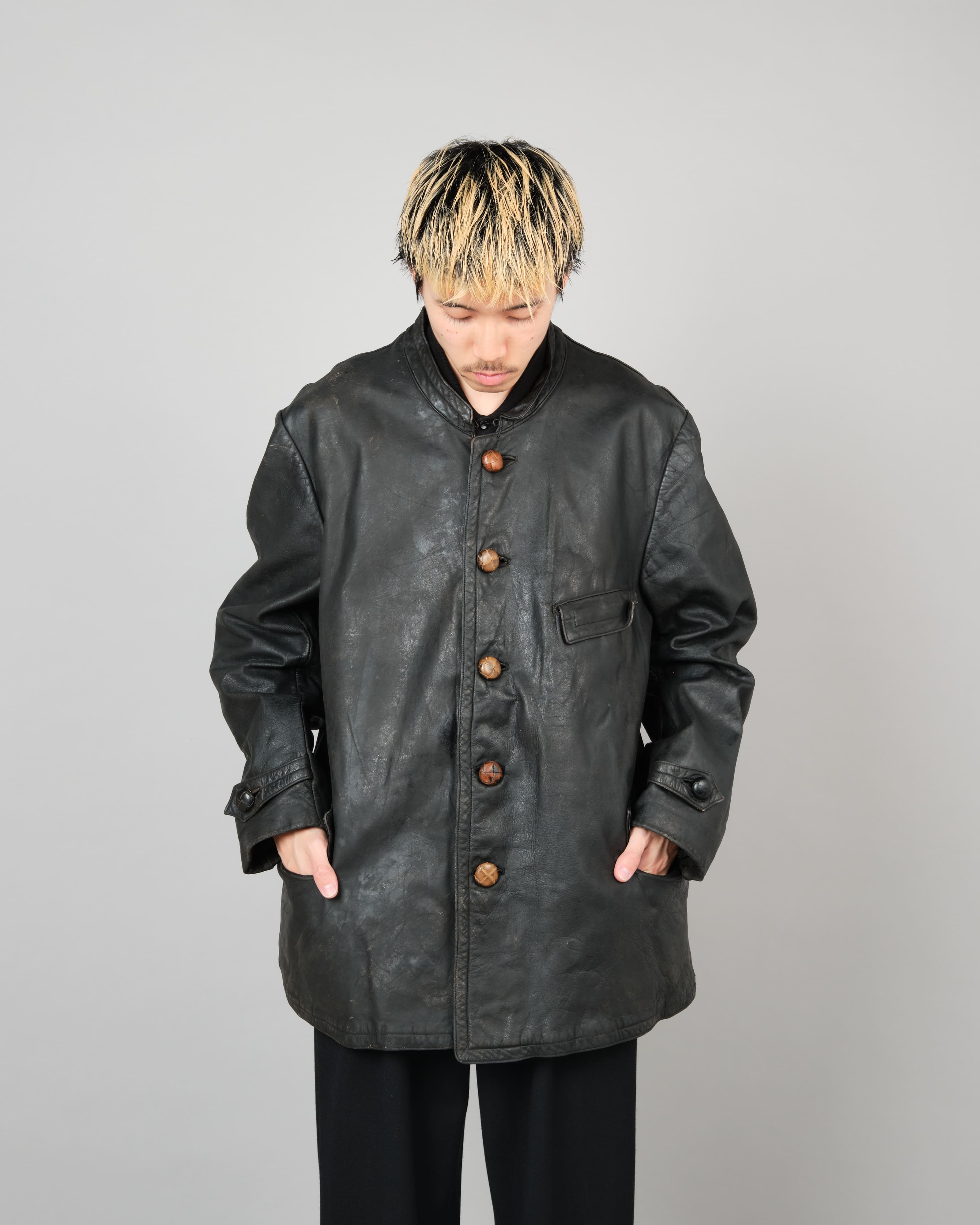 【~40's】WWII German Navy U-Boat Crew Black Leather Jacket "Kriegsmarine"