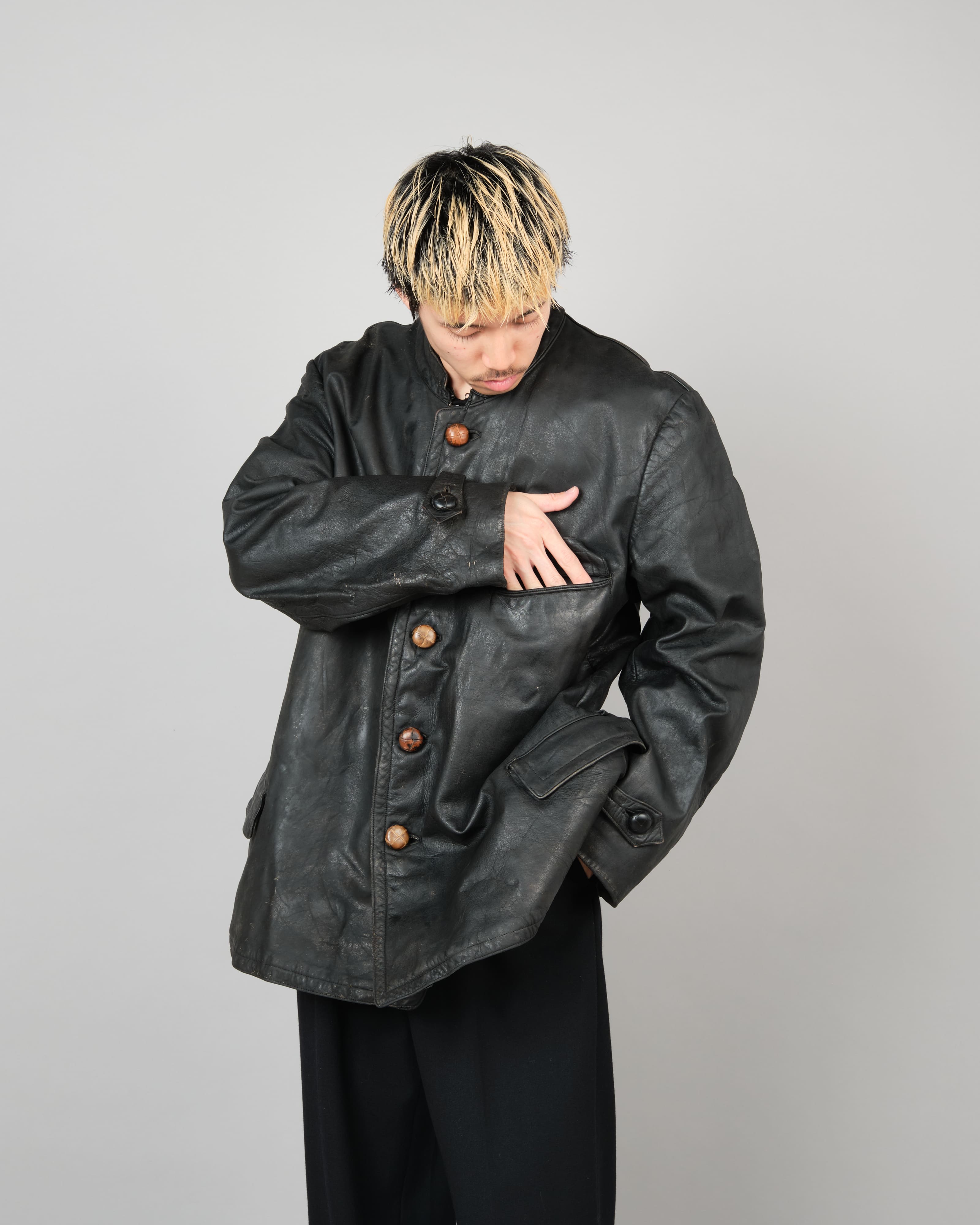 【~40's】WWII German Navy U-Boat Crew Black Leather Jacket "Kriegsmarine"