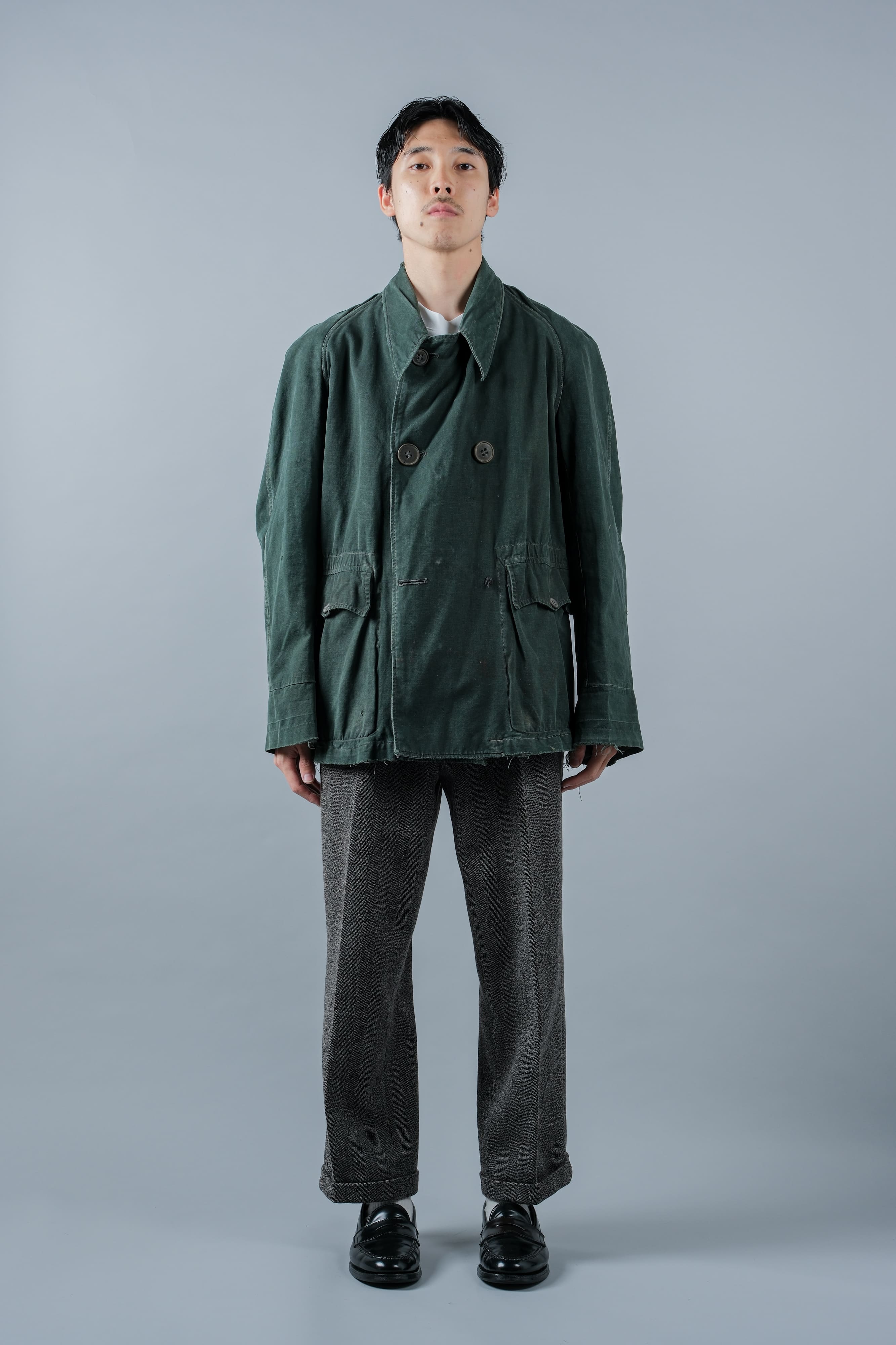 【~40's】WWII French CJF Green Cotton Linen Double Breasted Jacket "Modified"