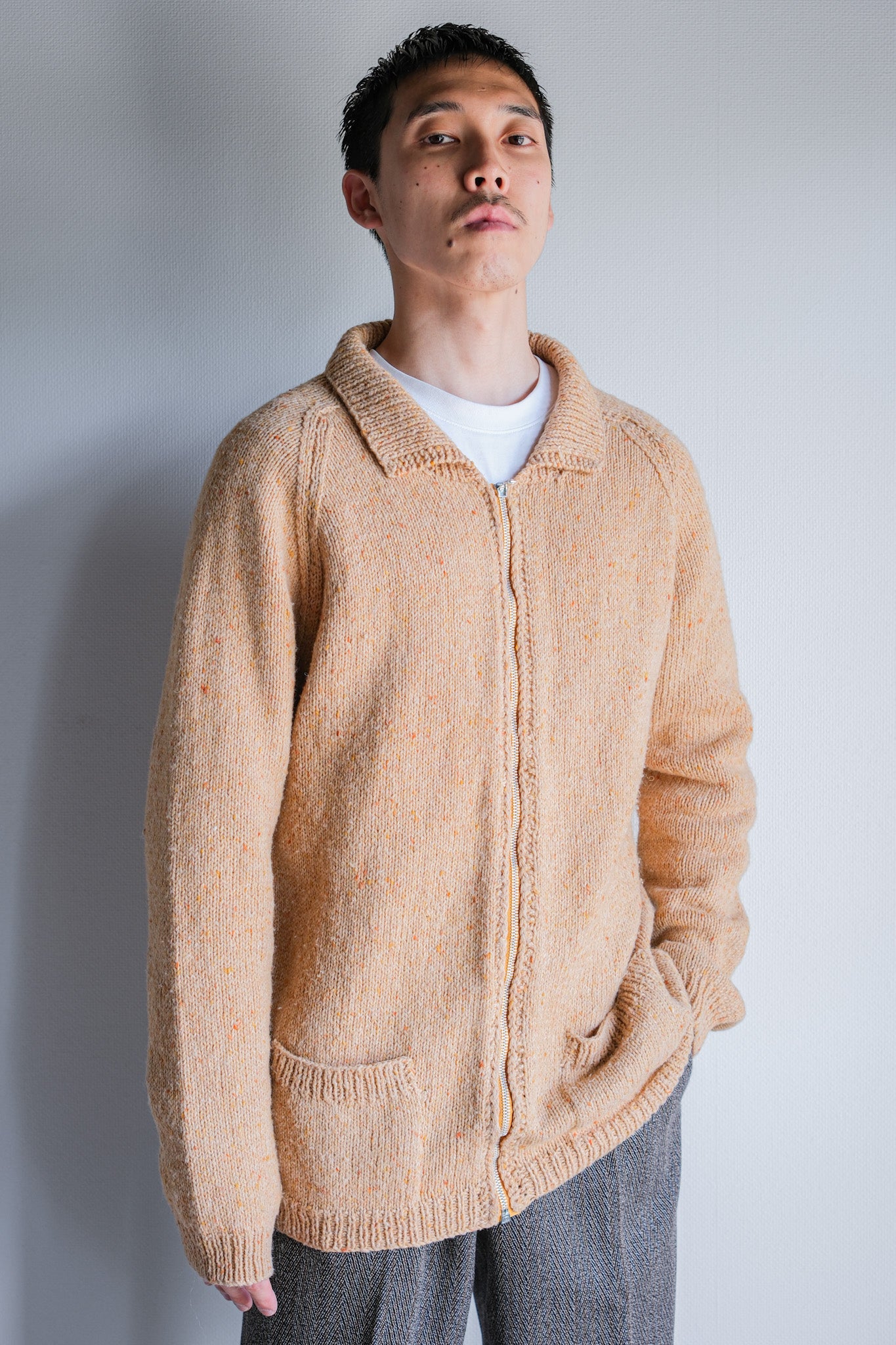 【~60's】British Vintage Raglan Sleeve Zip Up Wool Cardigan "Handmade"