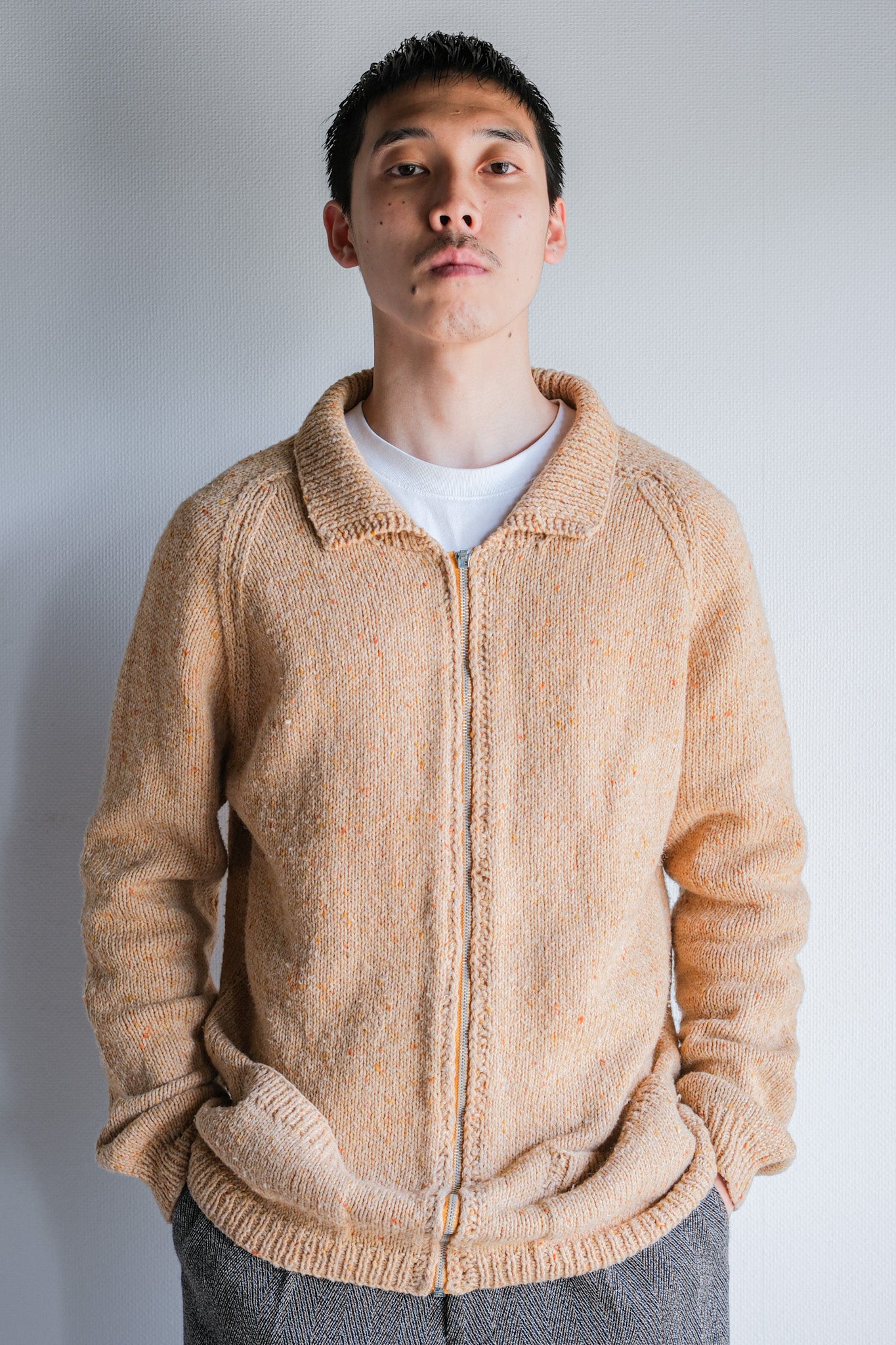 【~60's】British Vintage Raglan Sleeve Zip Up Wool Cardigan "Handmade"