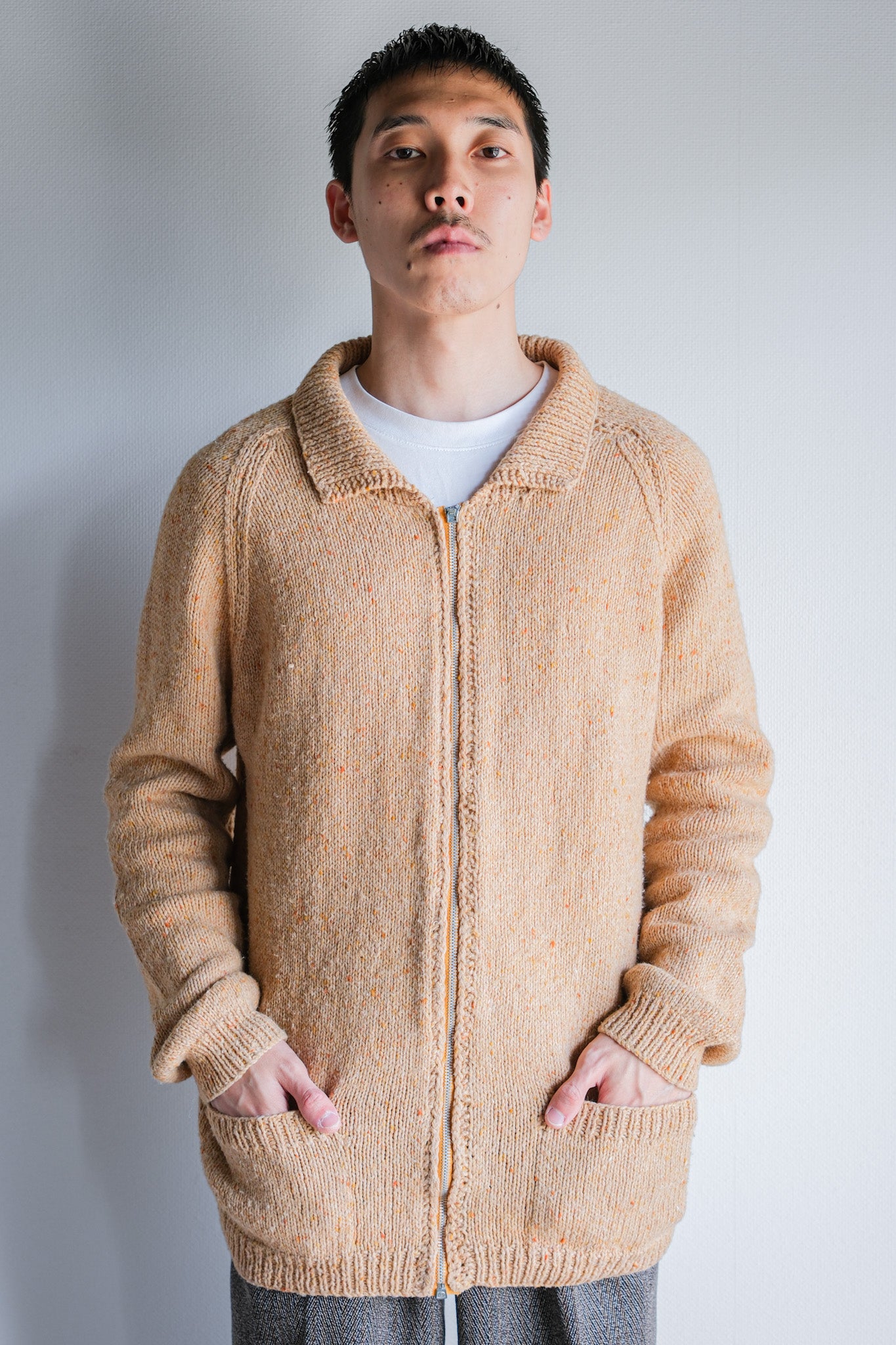 【~60's】British Vintage Raglan Sleeve Zip Up Wool Cardigan "Handmade"