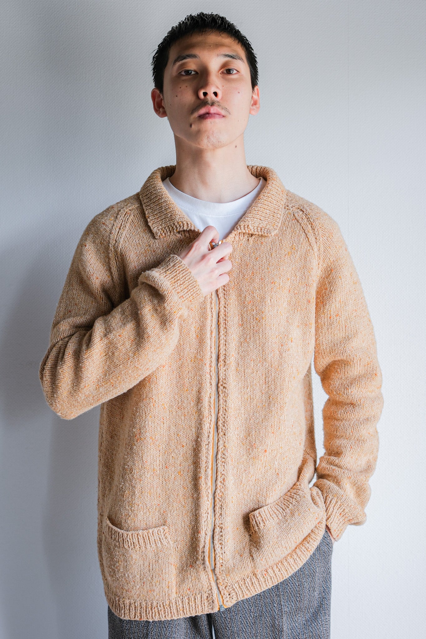 【~60's】British Vintage Raglan Sleeve Zip Up Wool Cardigan "Handmade"