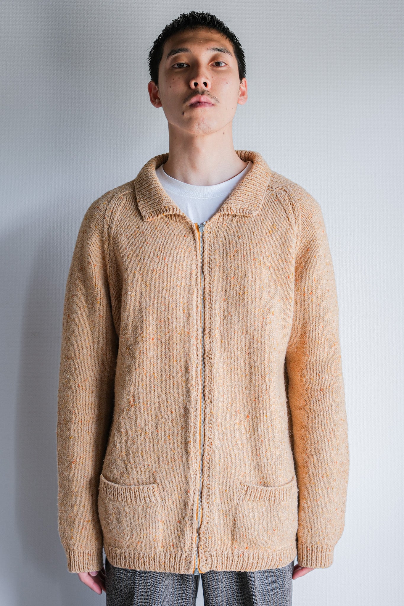 【~60's】British Vintage Raglan Sleeve Zip Up Wool Cardigan "Handmade"