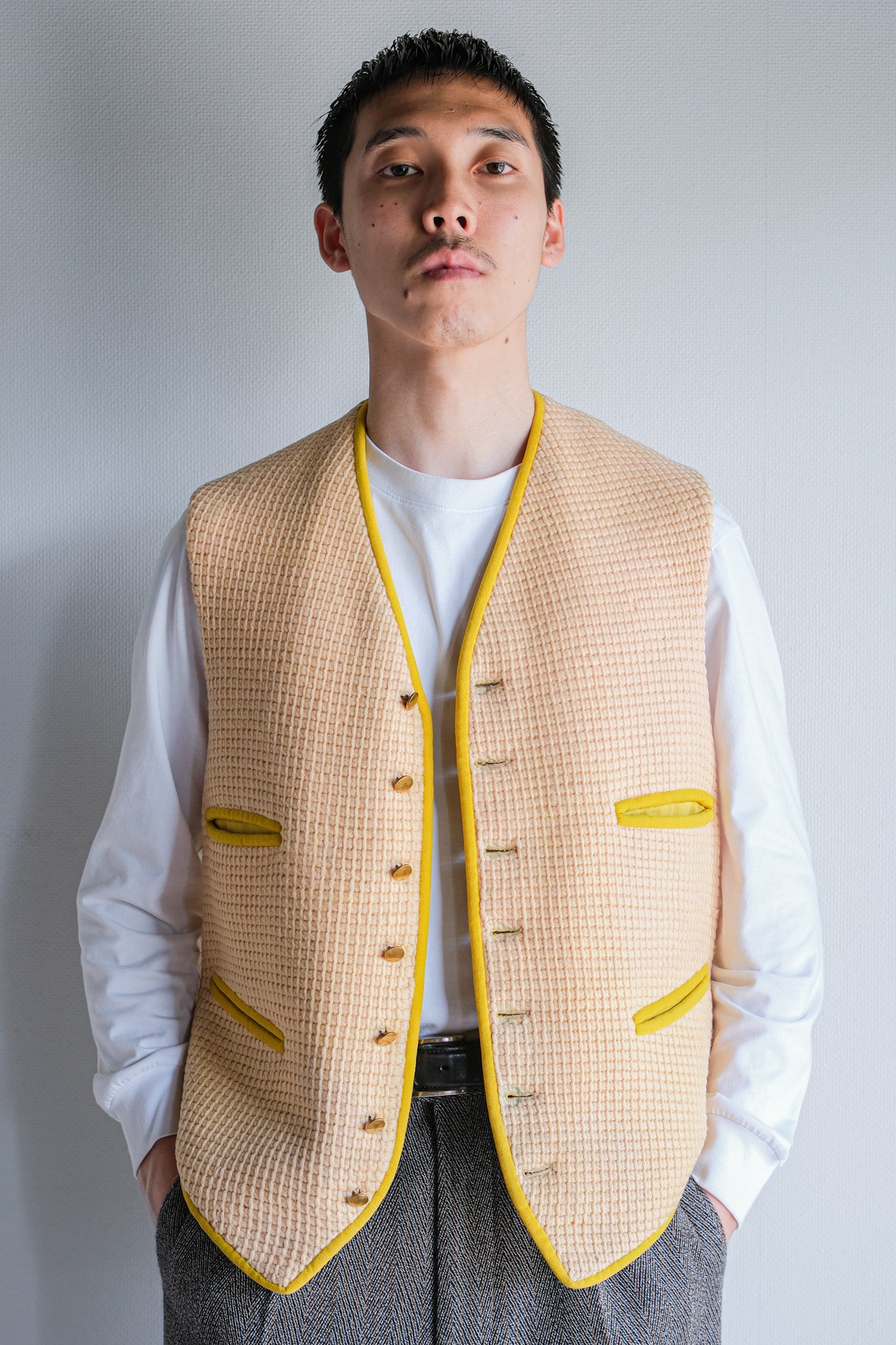 【~40's】British Vintage Yellow Wool Waistcoat "Handmade"