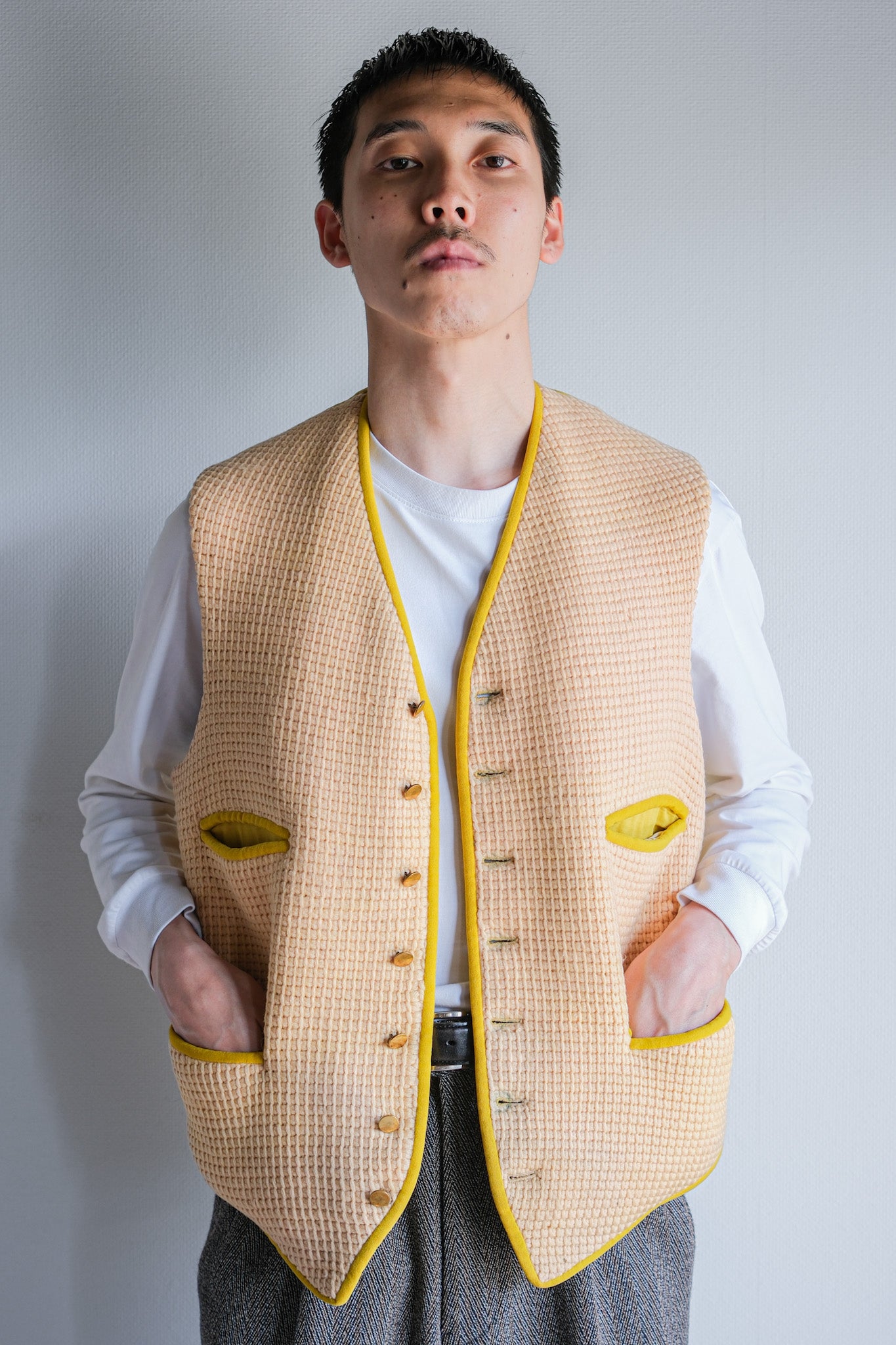 【~40's】British Vintage Yellow Wool Waistcoat "Handmade"