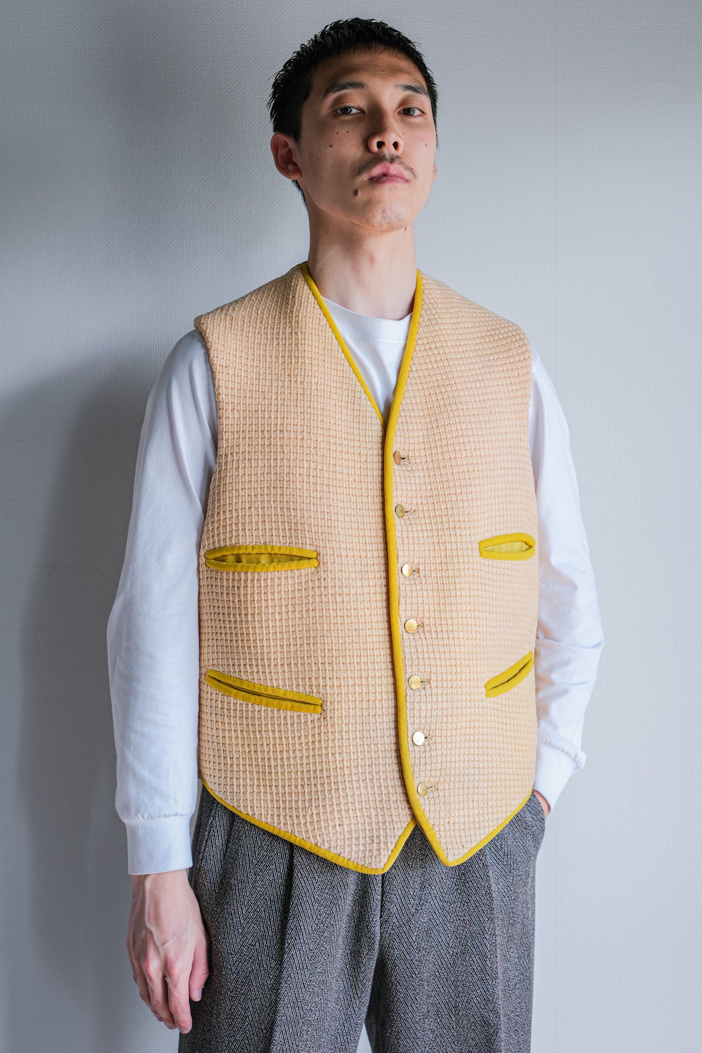 【~40's】British Vintage Yellow Wool Waistcoat "Handmade"