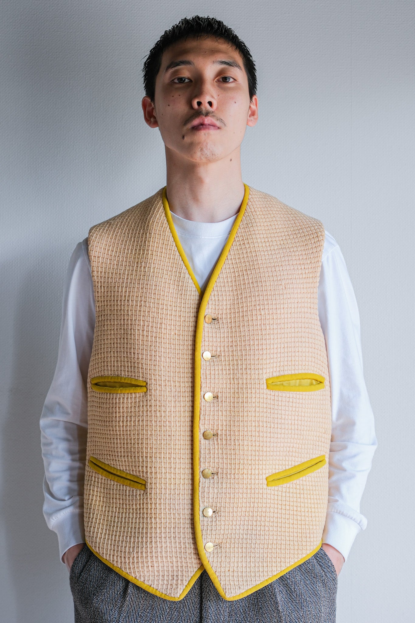 【~40's】British Vintage Yellow Wool Waistcoat "Handmade"