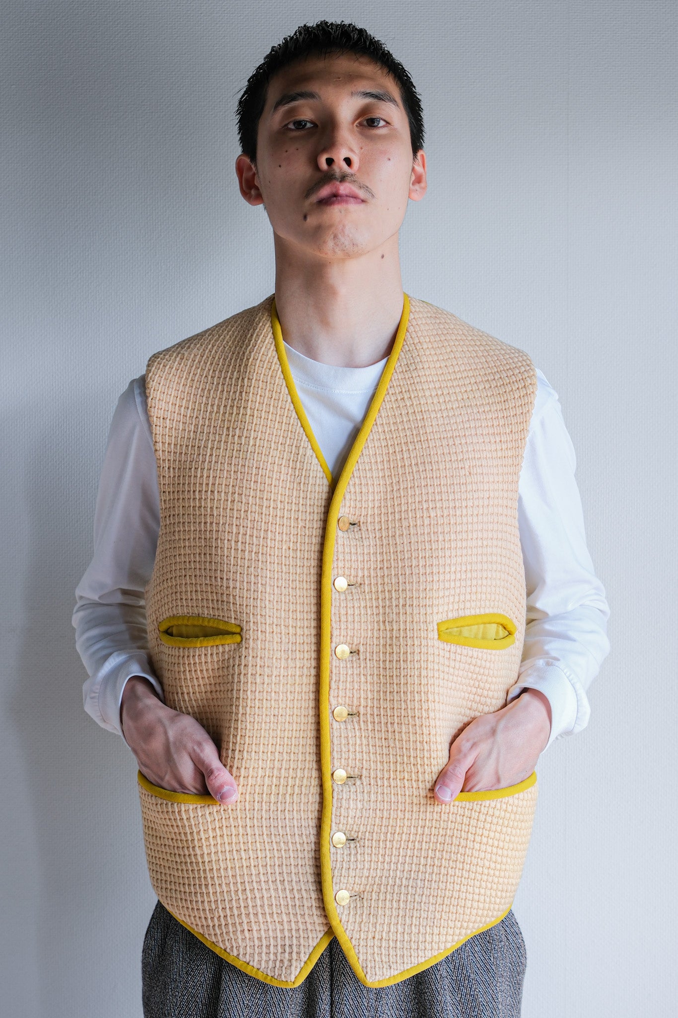 【~40's】British Vintage Yellow Wool Waistcoat "Handmade"