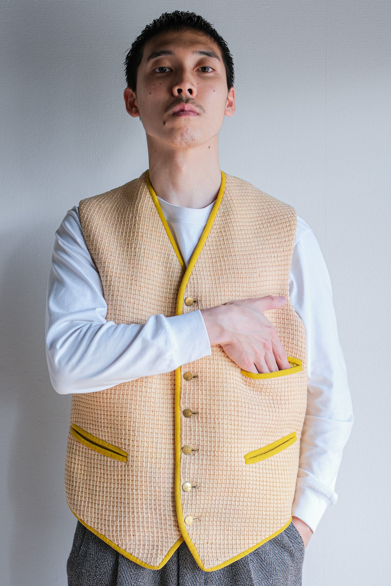 【~40's】British Vintage Yellow Wool Waistcoat "Handmade"