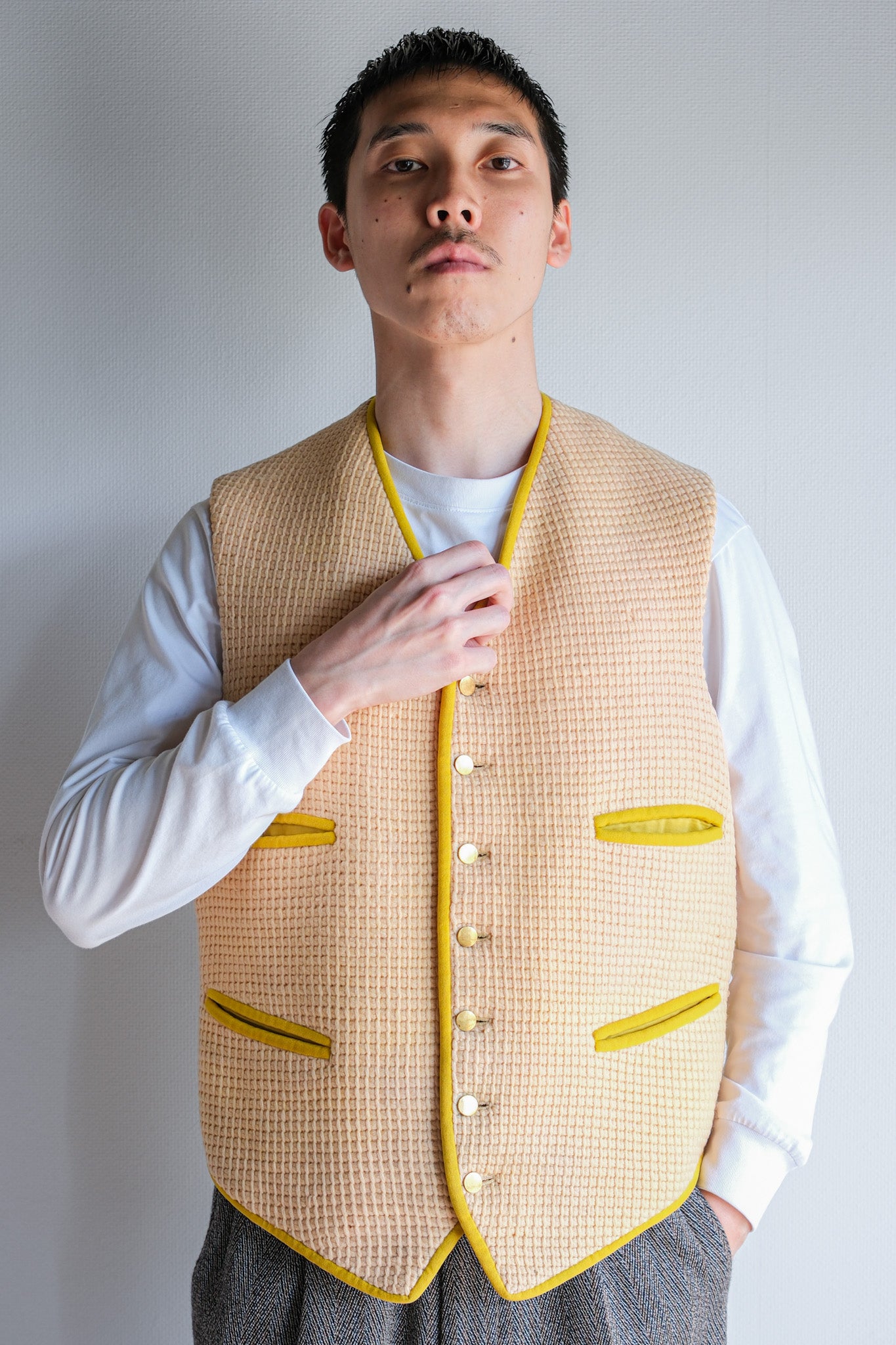 【~40's】British Vintage Yellow Wool Waistcoat "Handmade"