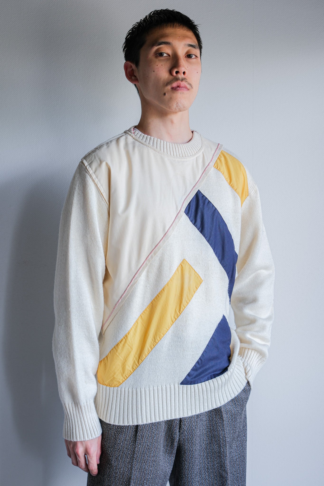 【~80's】Italian Vintage Colour Block Wool Acrylic Sweater Size.50