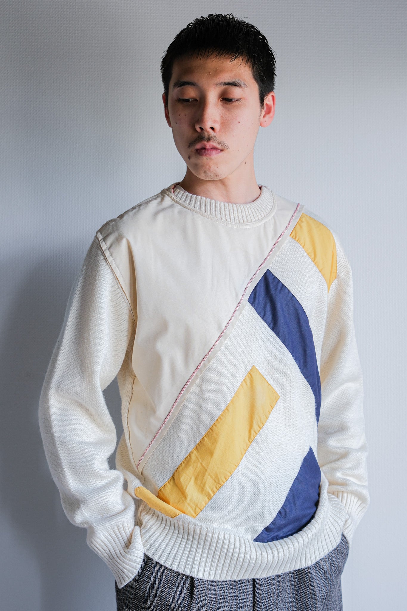 【~80's】Italian Vintage Colour Block Wool Acrylic Sweater Size.50