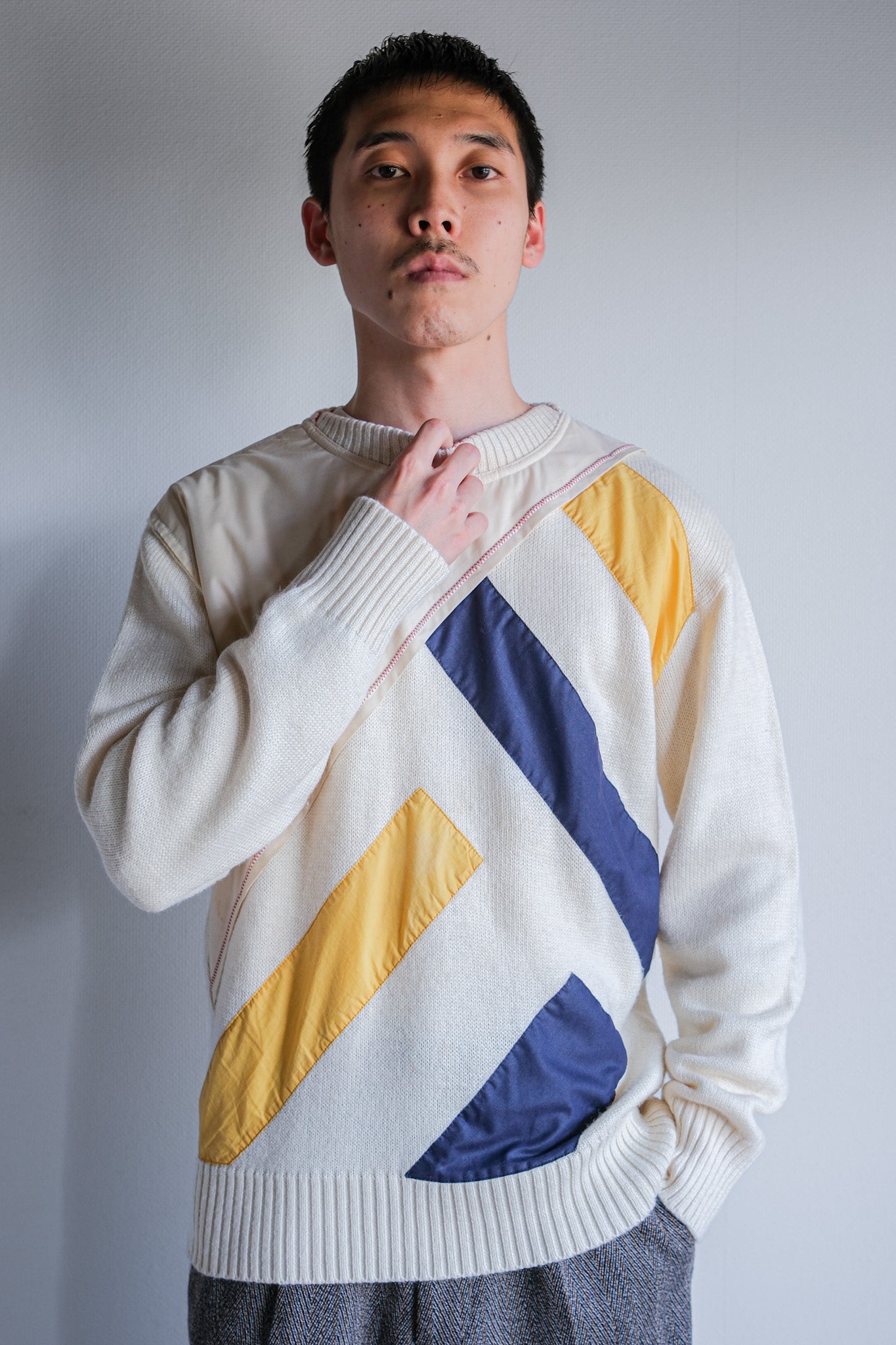 【~80's】Italian Vintage Colour Block Wool Acrylic Sweater Size.50