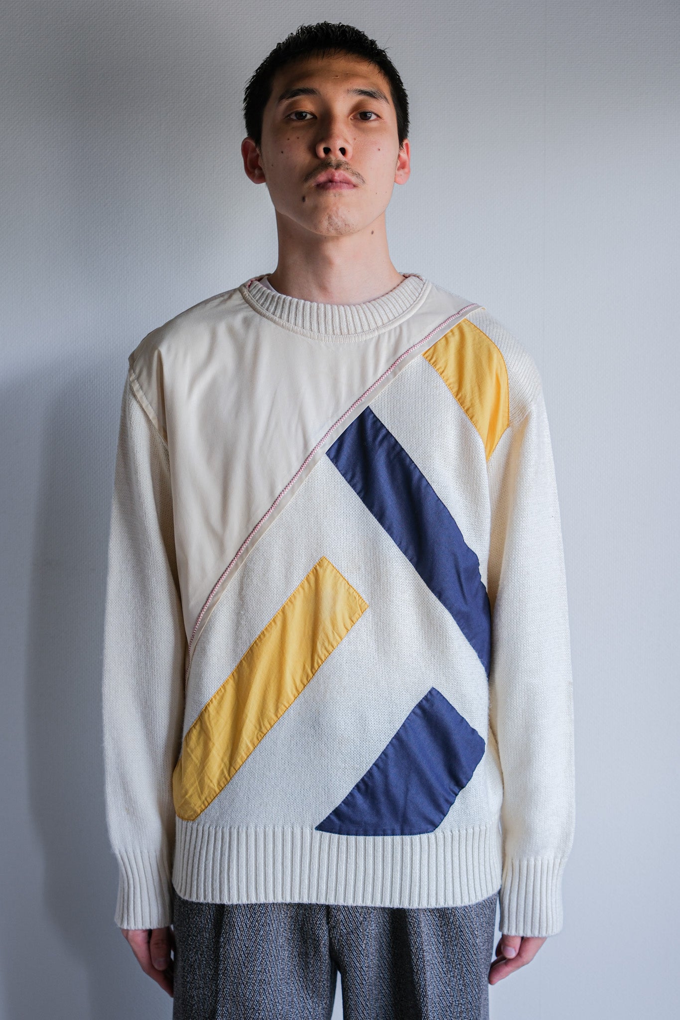 【~80's】Italian Vintage Colour Block Wool Acrylic Sweater Size.50