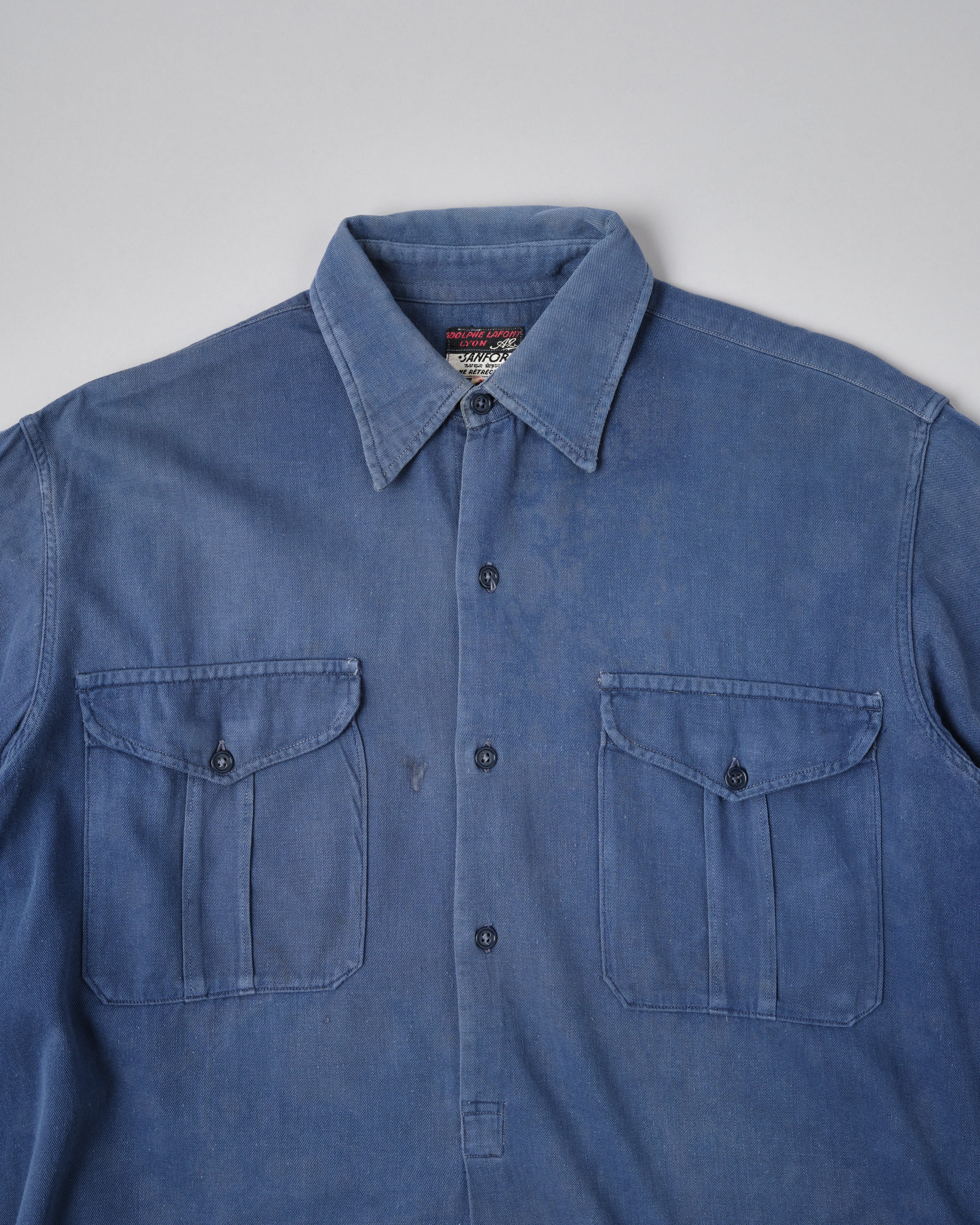 【~50’s】French Vintage Blue Cotton Twill Grandpa Shirt Size.41 "Adolphe Lafont"