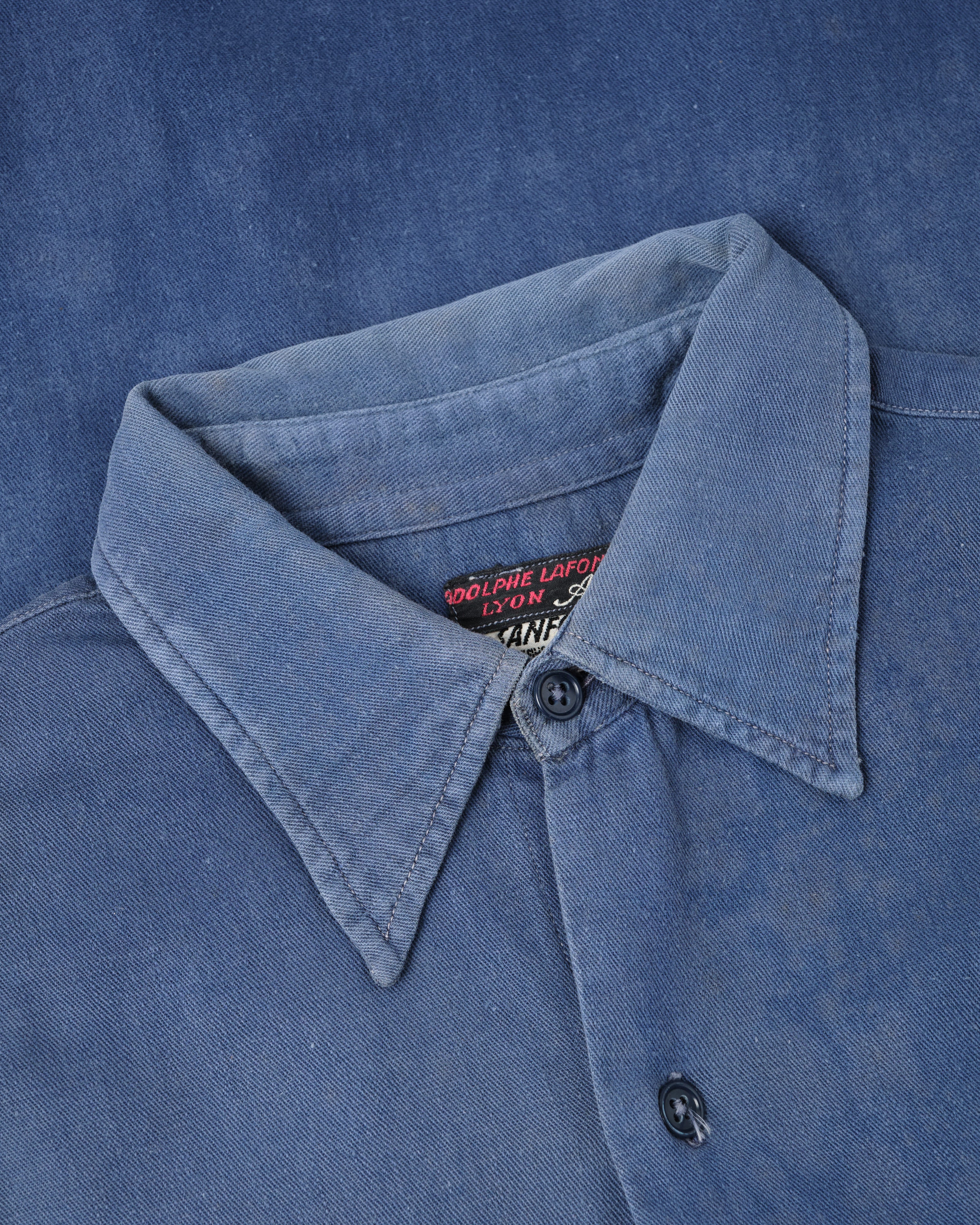 【~50’s】French Vintage Blue Cotton Twill Grandpa Shirt Size.41 "Adolphe Lafont"