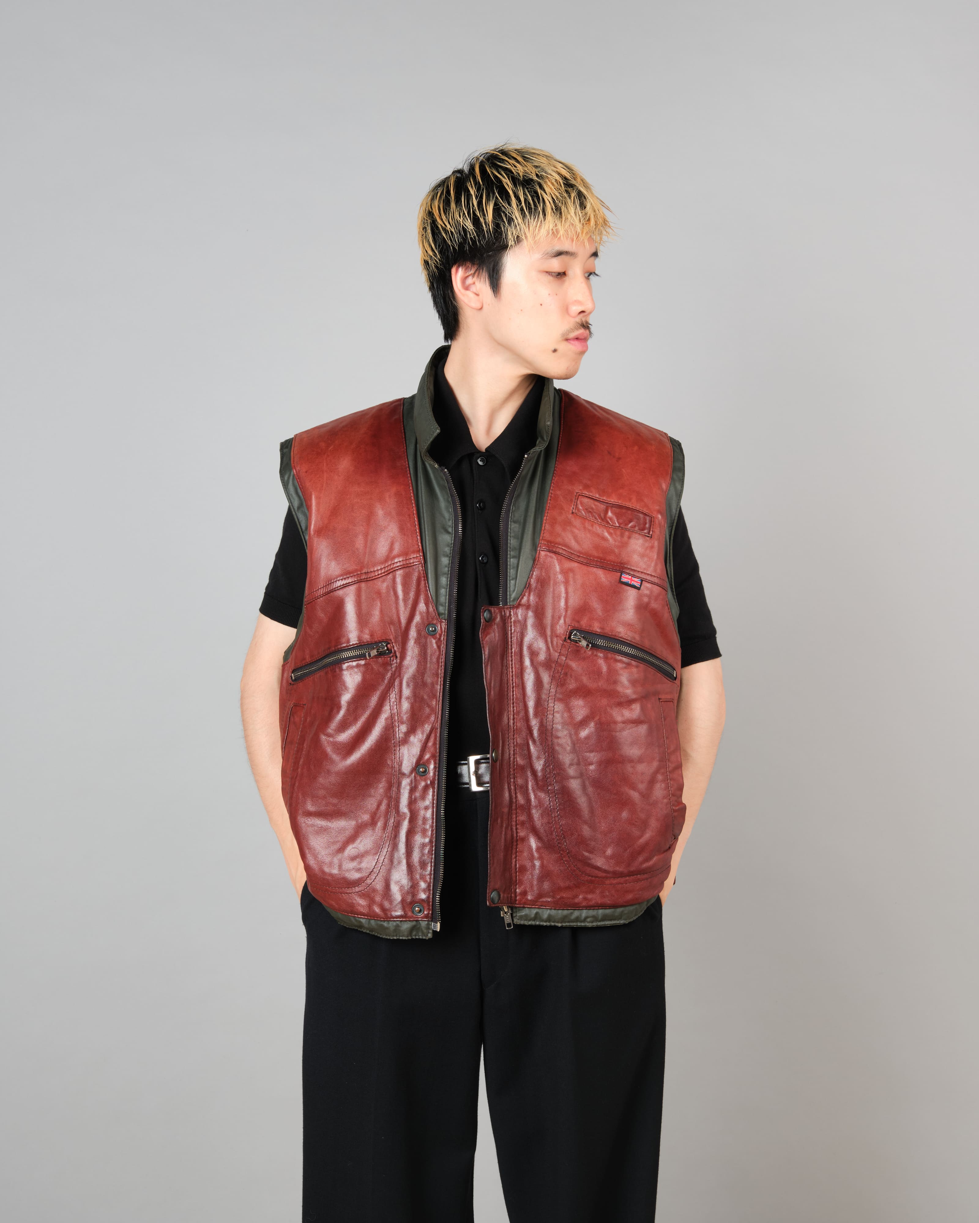 【~70's】British Vintage Switching Leather Nylon Zip Up Vest Size.40