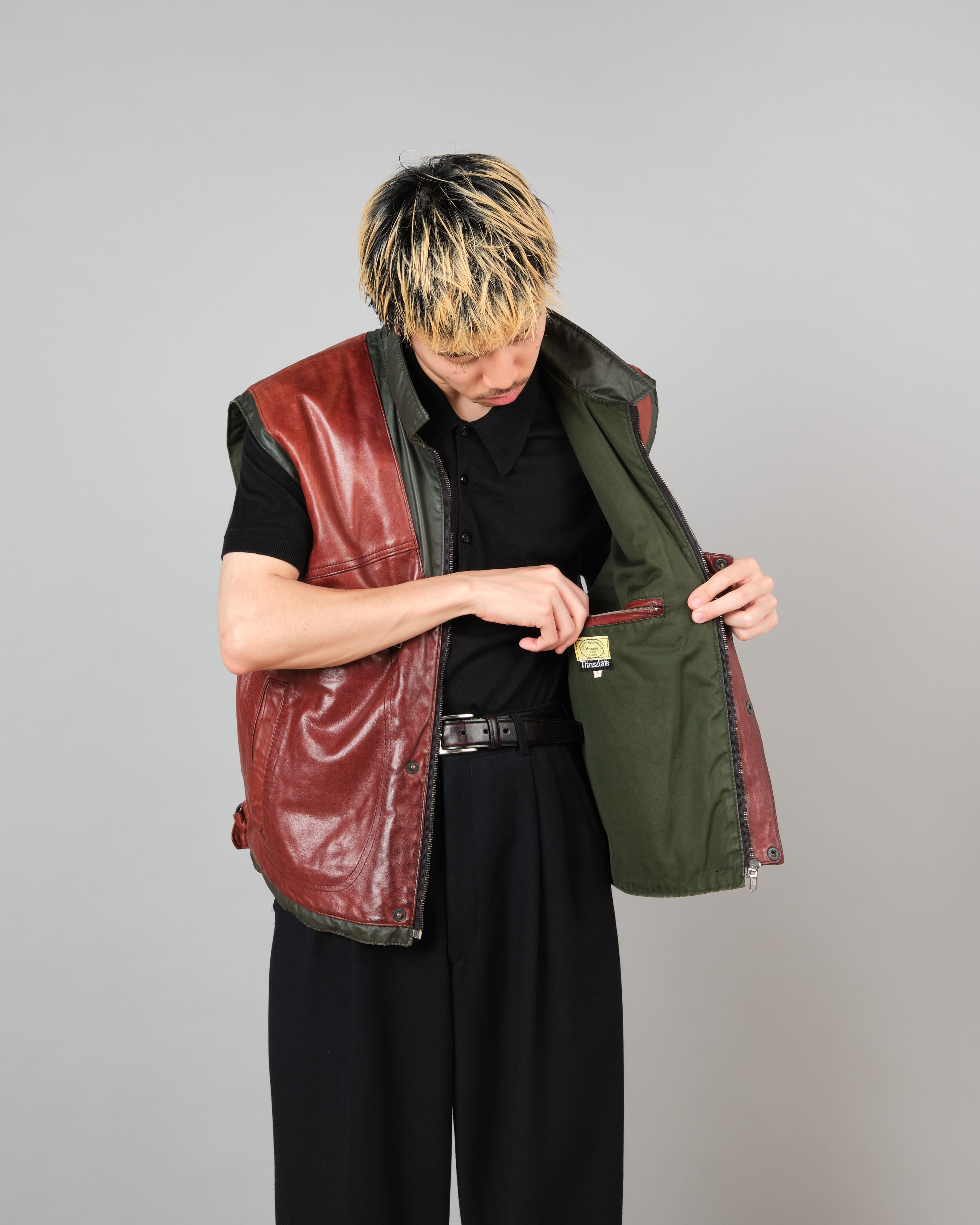 【~70's】British Vintage Switching Leather Nylon Zip Up Vest Size.40