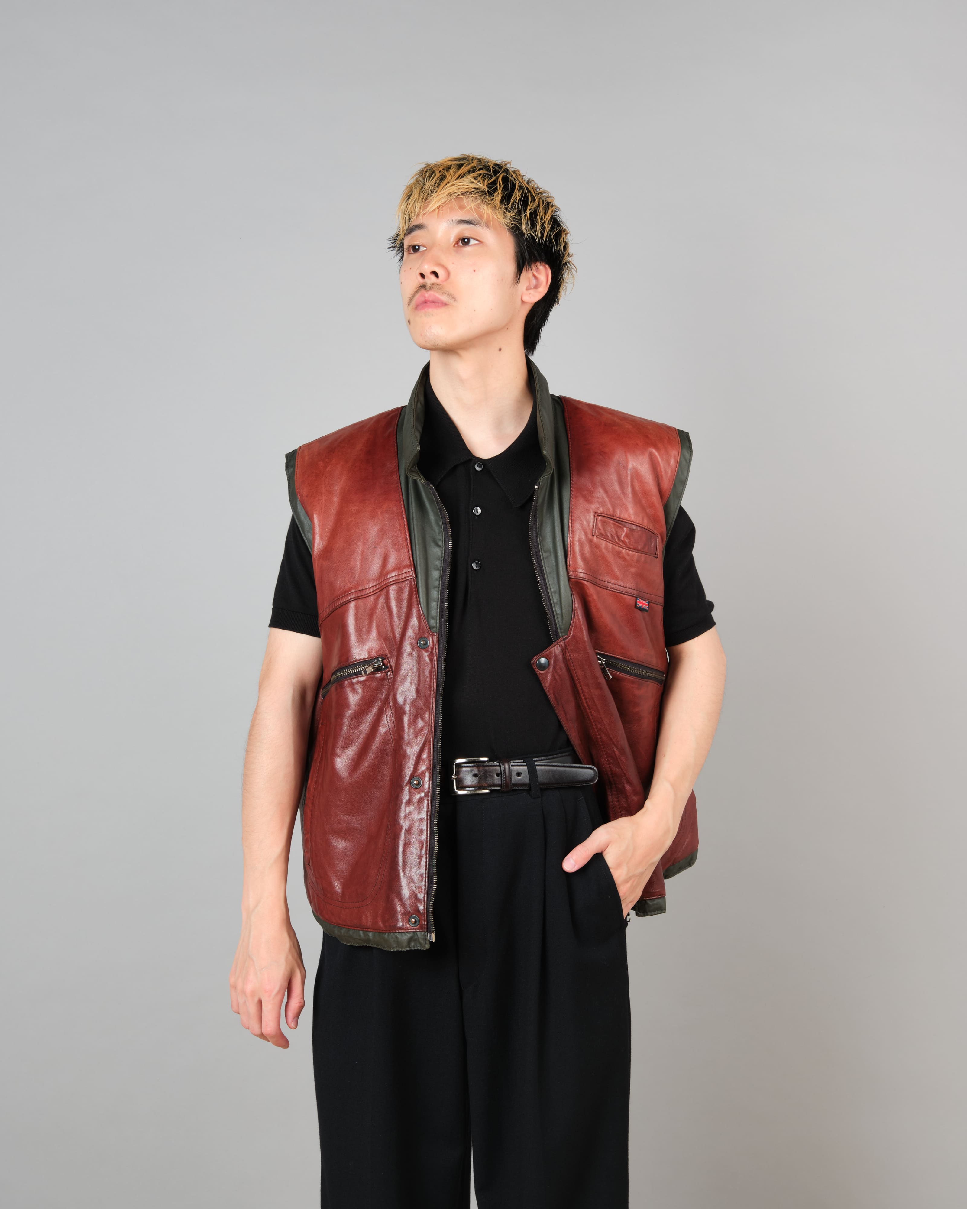 【~70's】British Vintage Switching Leather Nylon Zip Up Vest Size.40