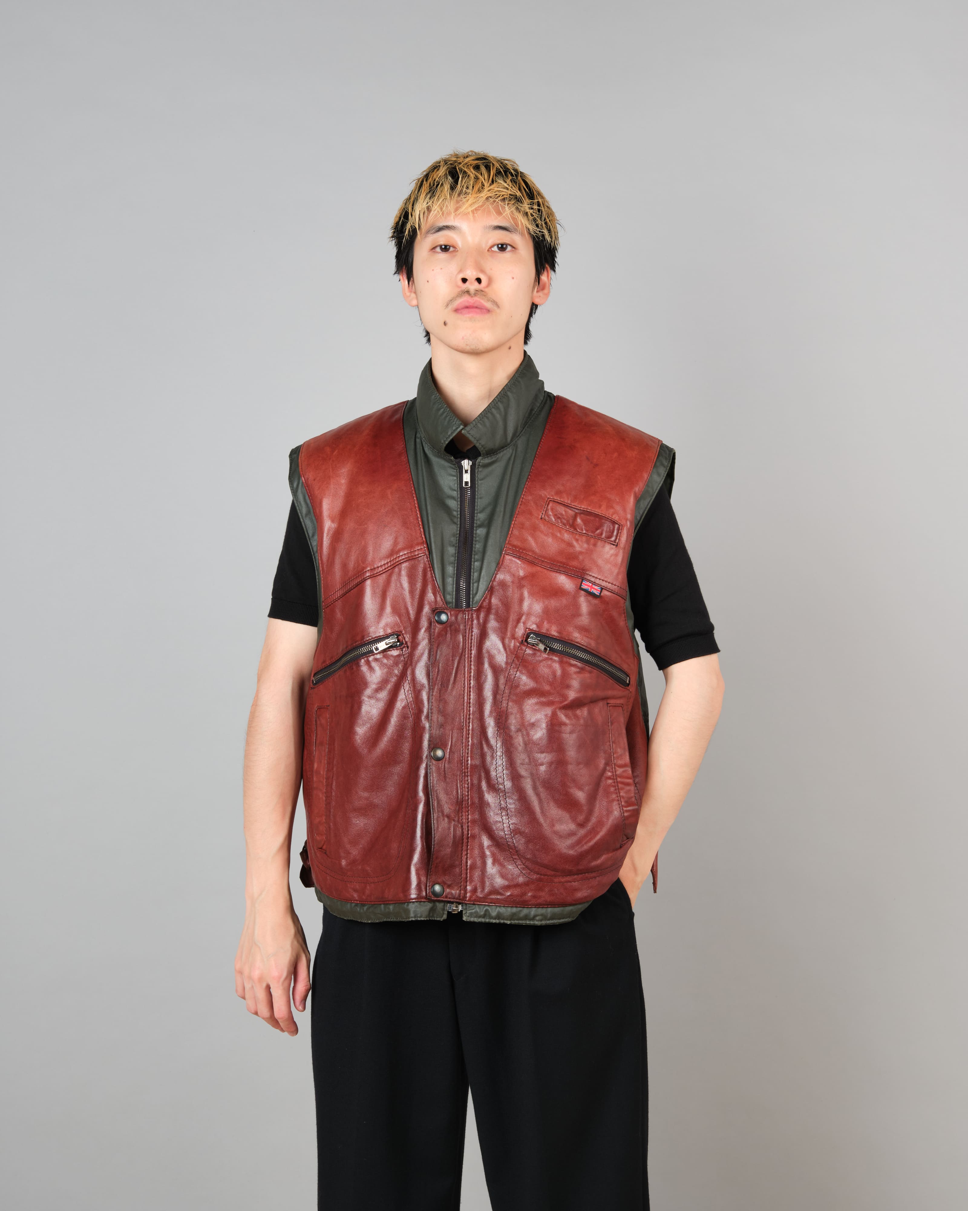 【~70's】British Vintage Switching Leather Nylon Zip Up Vest Size.40