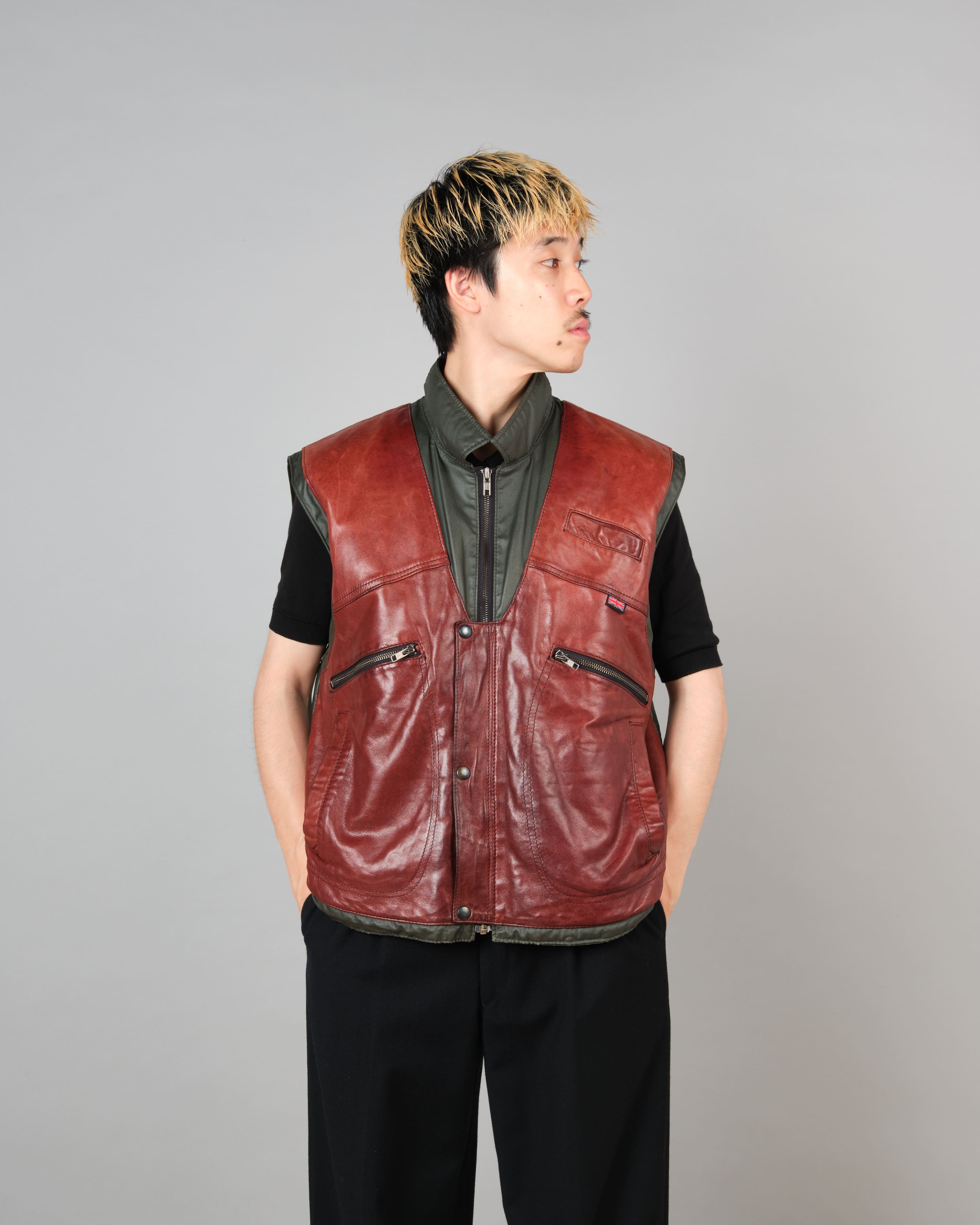 【~70's】British Vintage Switching Leather Nylon Zip Up Vest Size.40