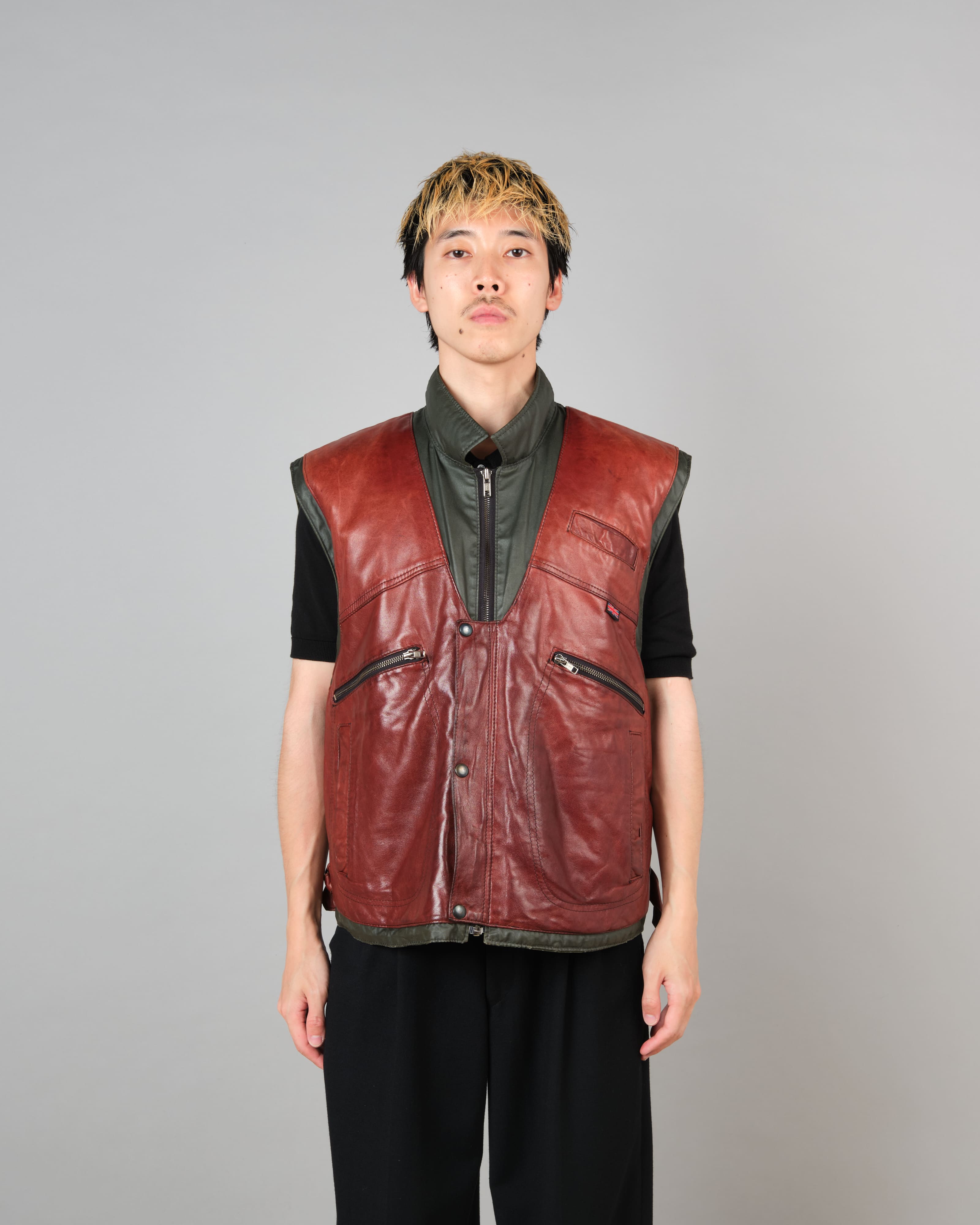 【~70's】British Vintage Switching Leather Nylon Zip Up Vest Size.40