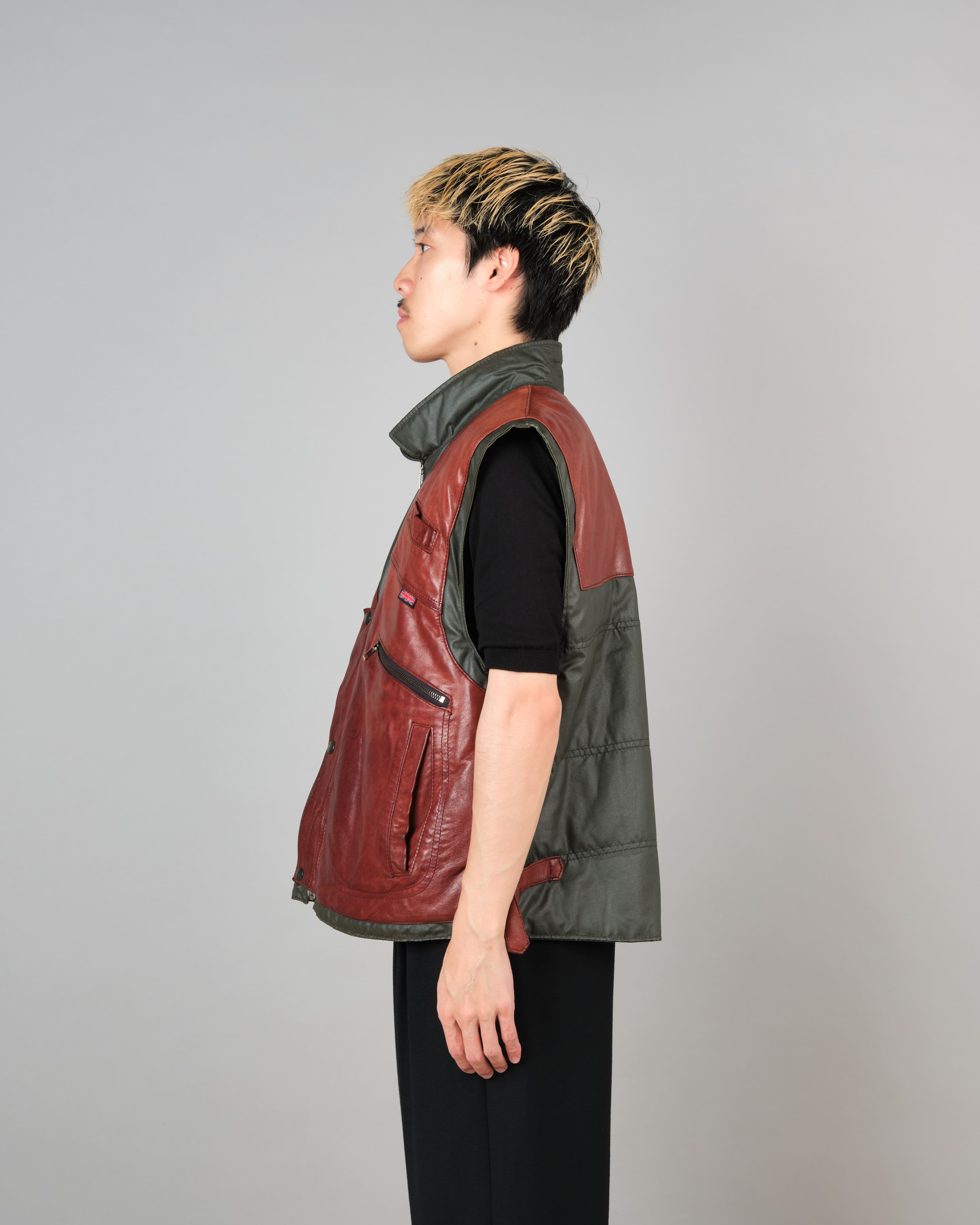 【~70's】British Vintage Switching Leather Nylon Zip Up Vest Size.40