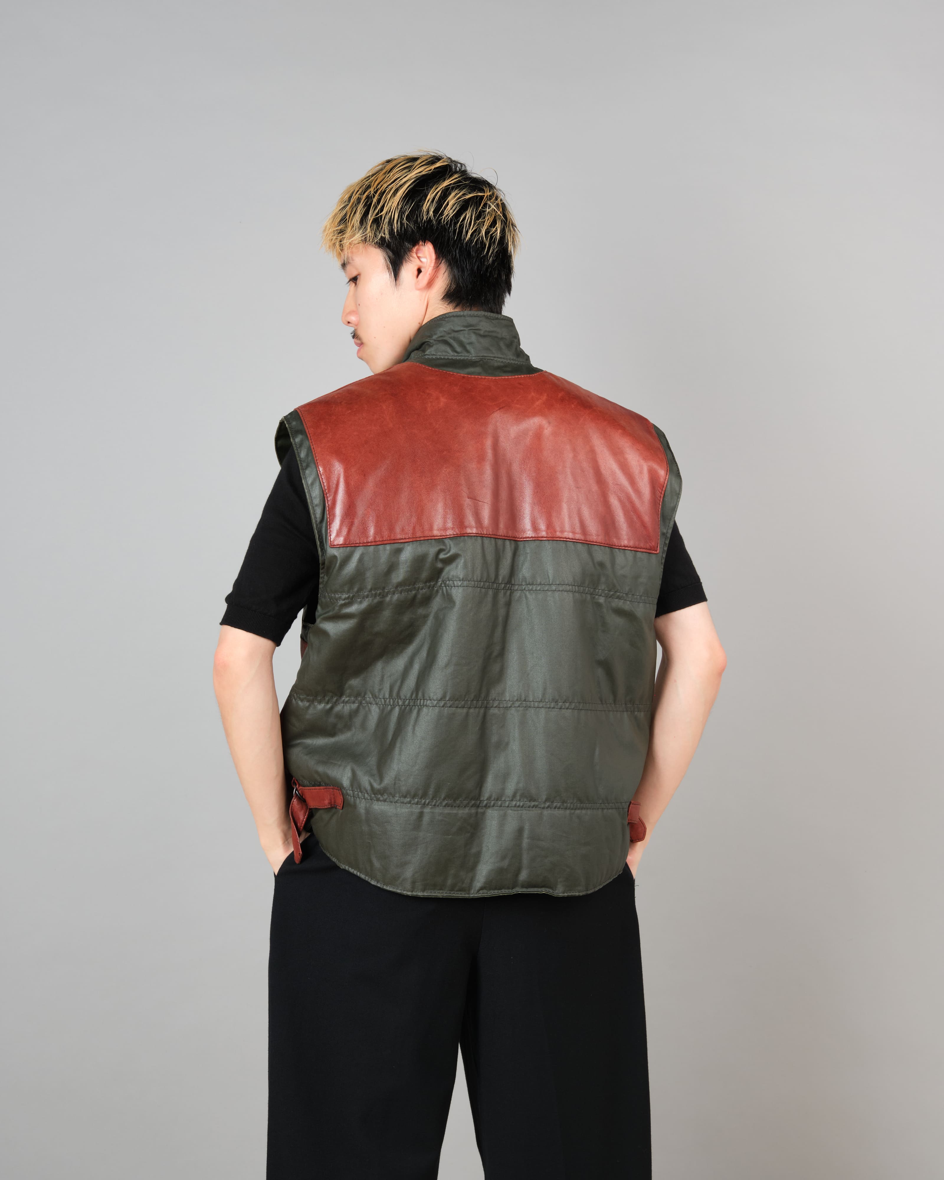 【~70's】British Vintage Switching Leather Nylon Zip Up Vest Size.40