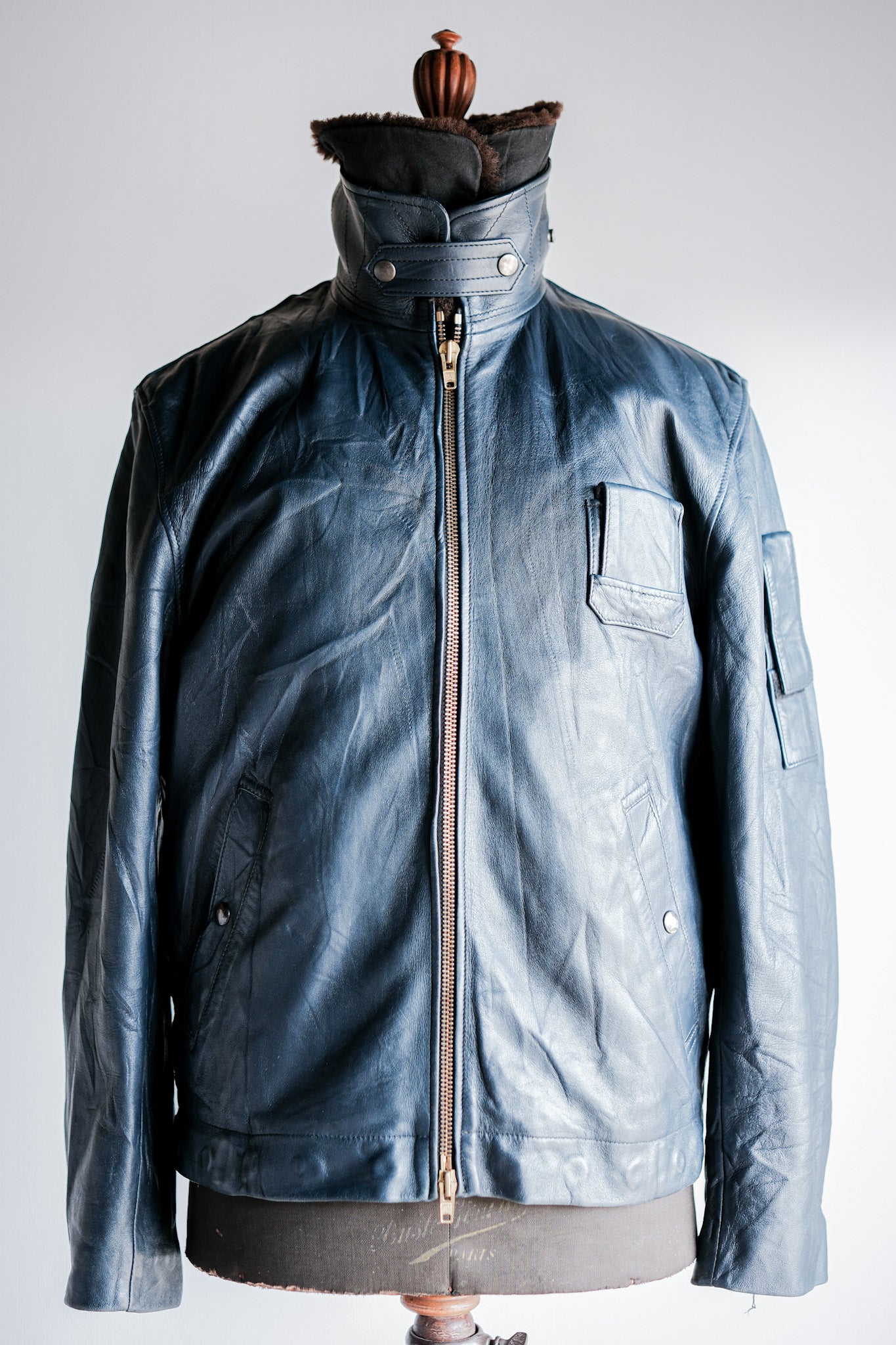 【~70's】French Air Force Pilot Leather Jacket With Chin Strap Size.96L "Full Set"