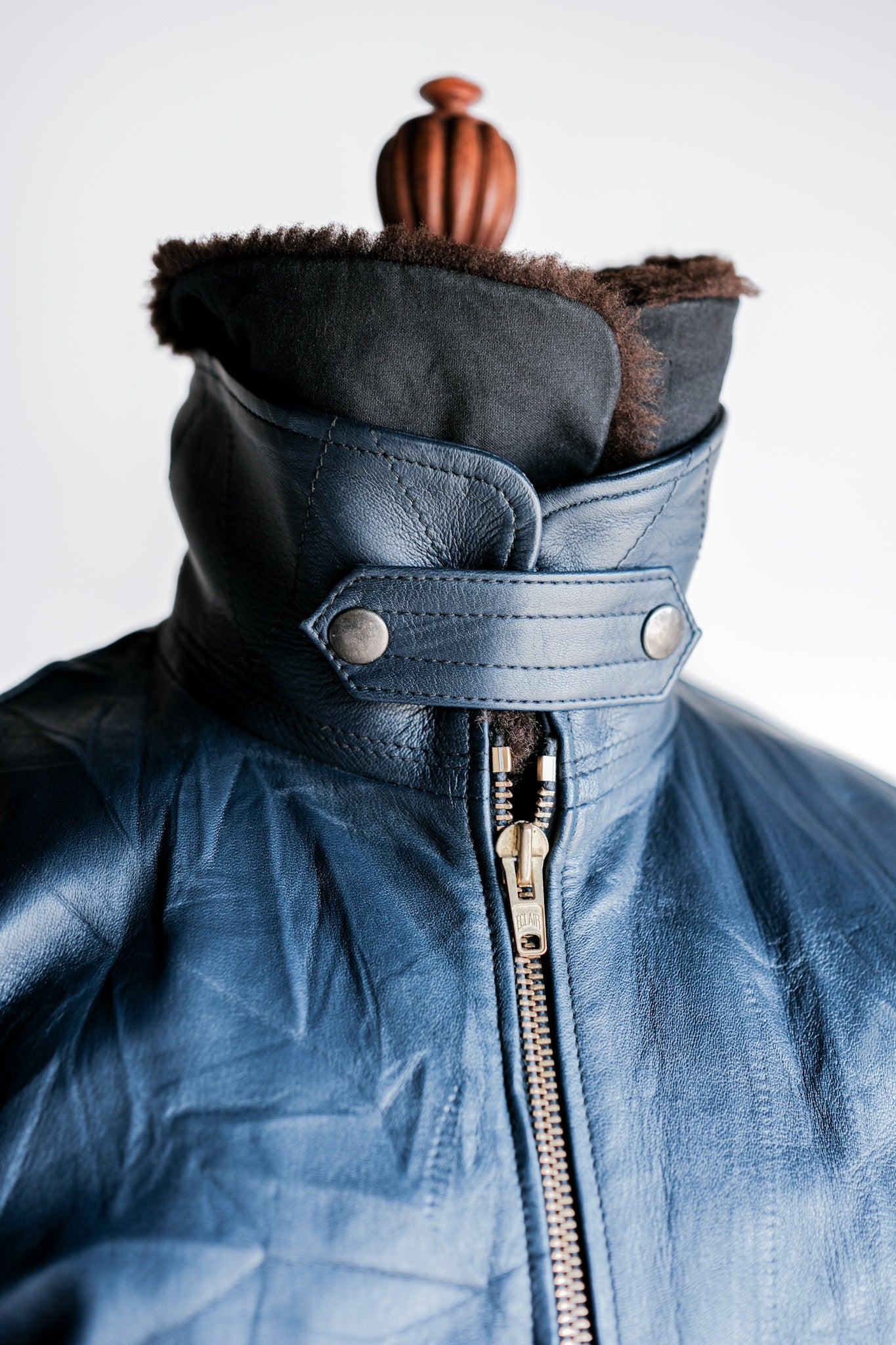 【~70's】French Air Force Pilot Leather Jacket With Chin Strap Size.96L "Full Set"