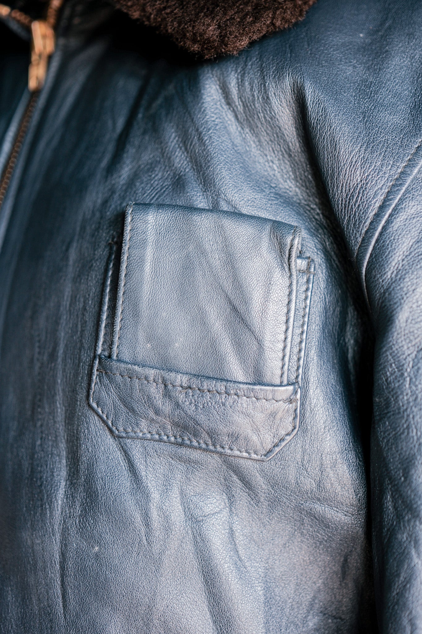 【~70's】French Air Force Pilot Leather Jacket With Chin Strap Size.96L "Full Set"