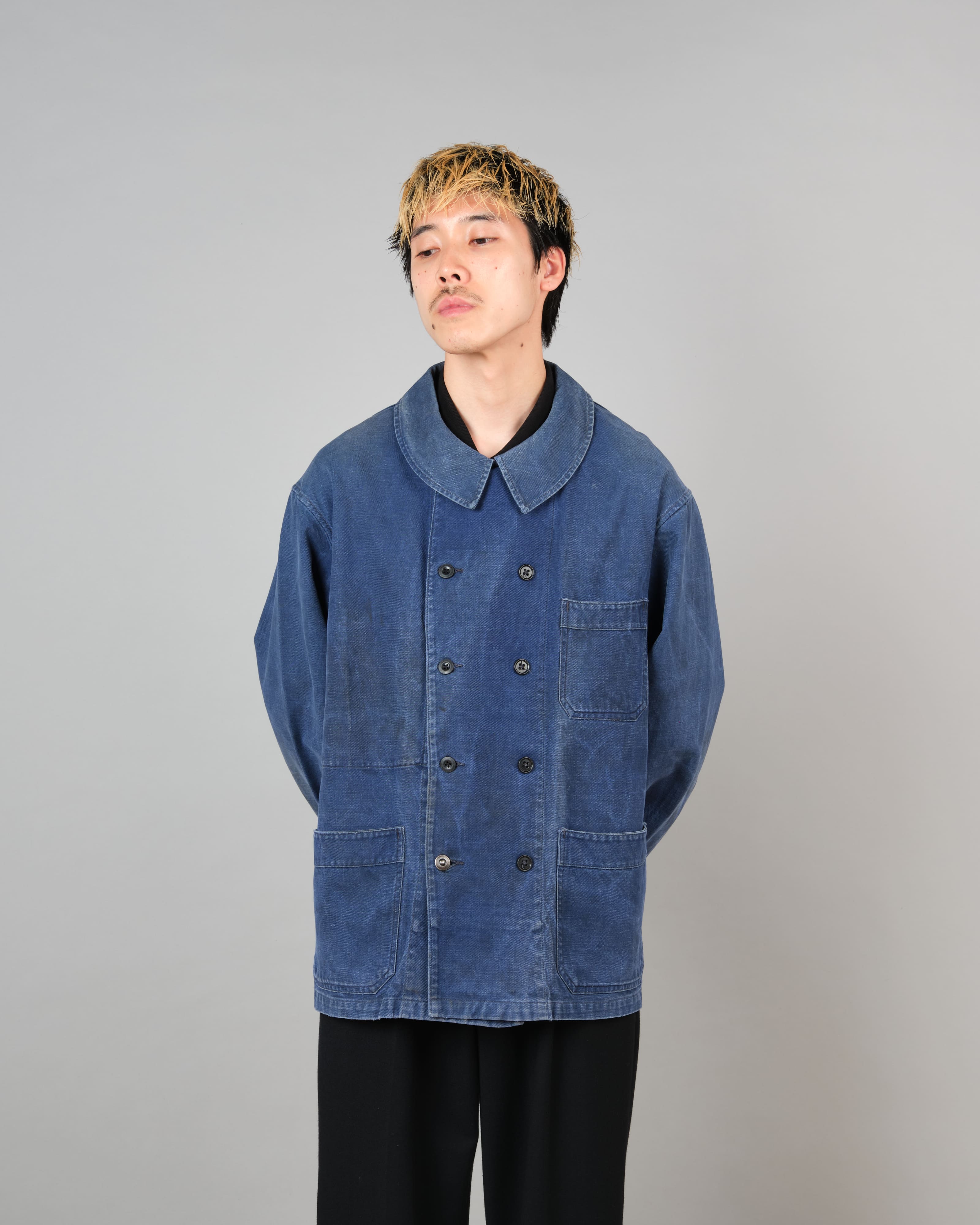 【~50's】French Vintage Blue Cotton Twill Double Breasted Work Jacket