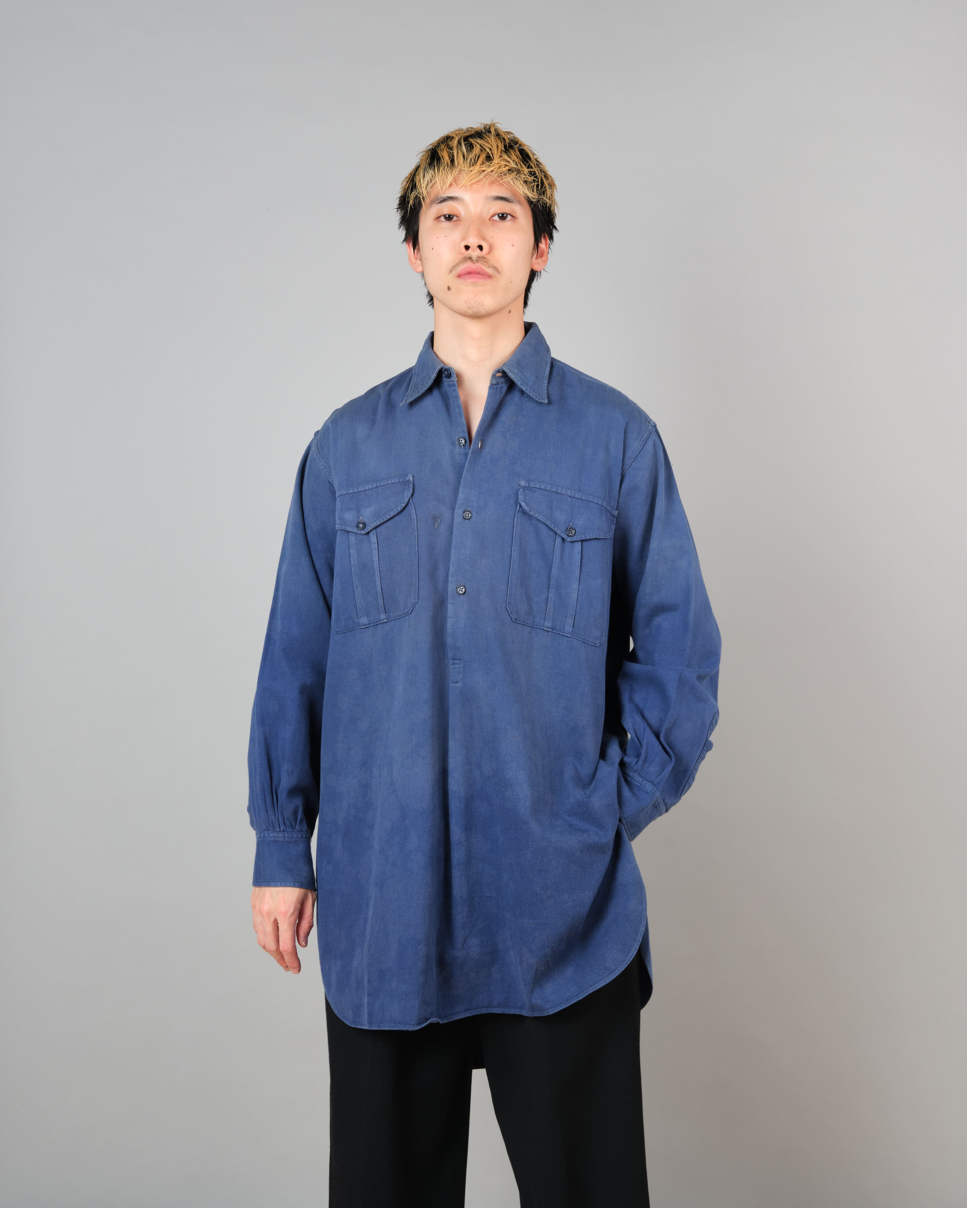 【~50’s】French Vintage Blue Cotton Twill Grandpa Shirt Size.41 "Adolphe Lafont"