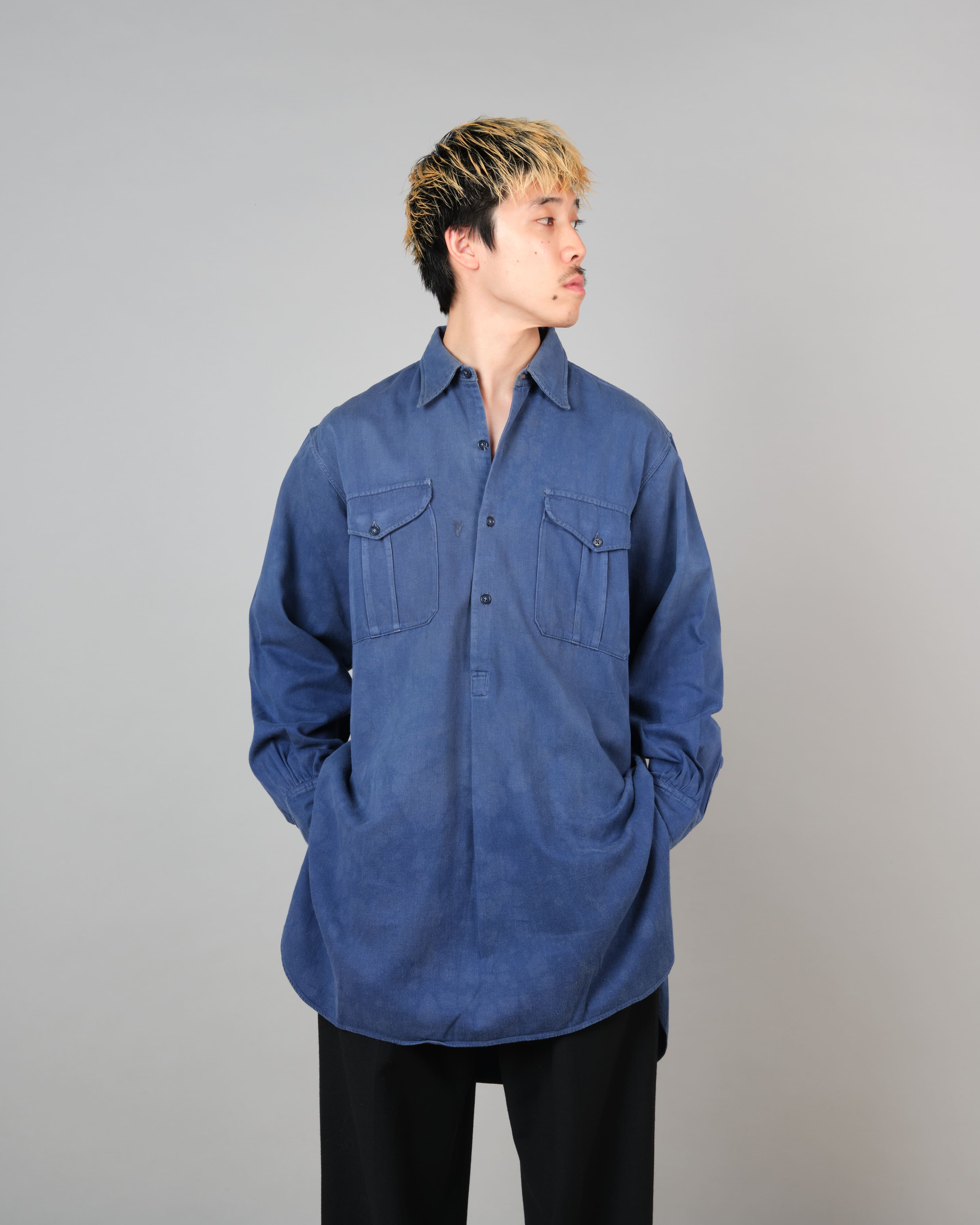 【~50’s】French Vintage Blue Cotton Twill Grandpa Shirt Size.41 "Adolphe Lafont"