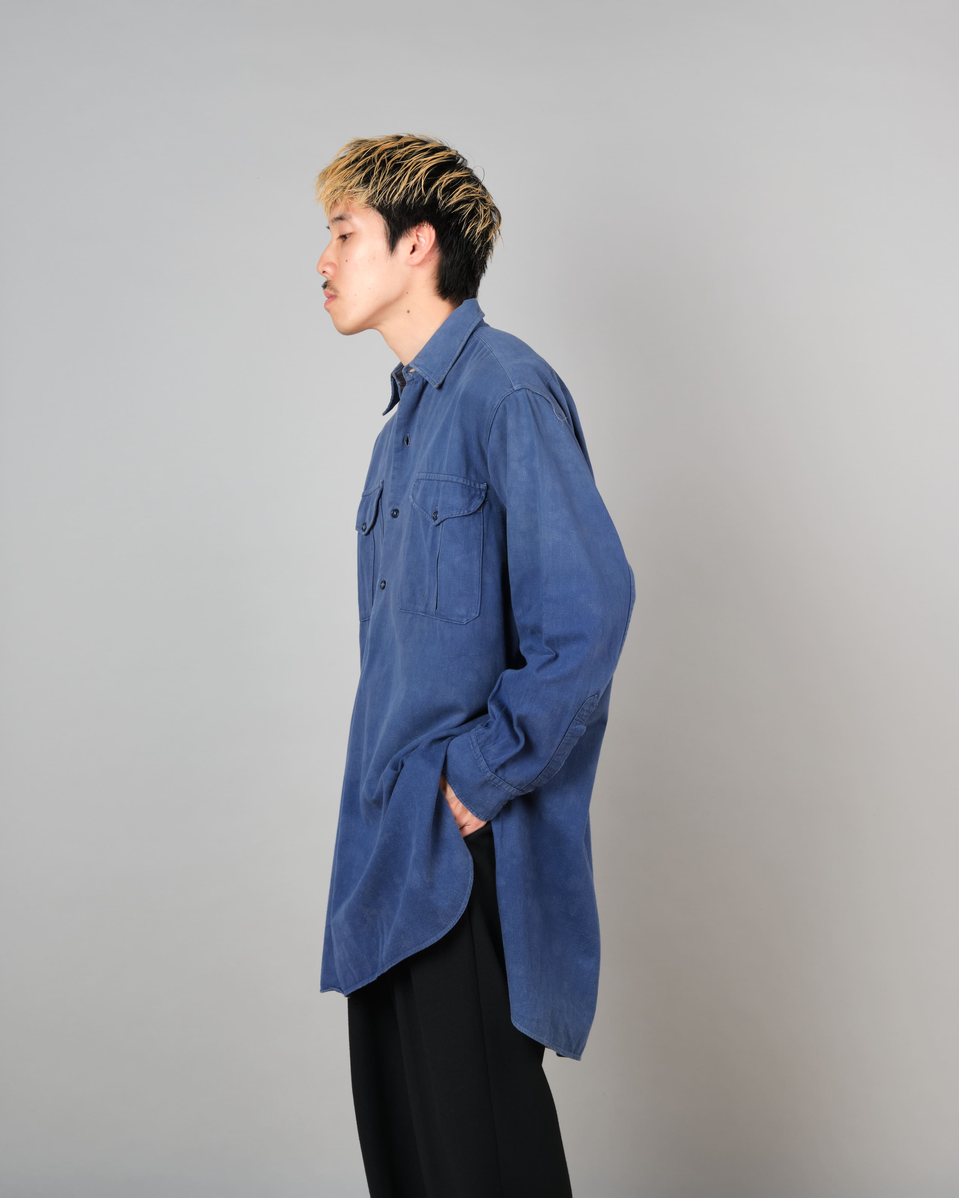 【~50’s】French Vintage Blue Cotton Twill Grandpa Shirt Size.41 "Adolphe Lafont"