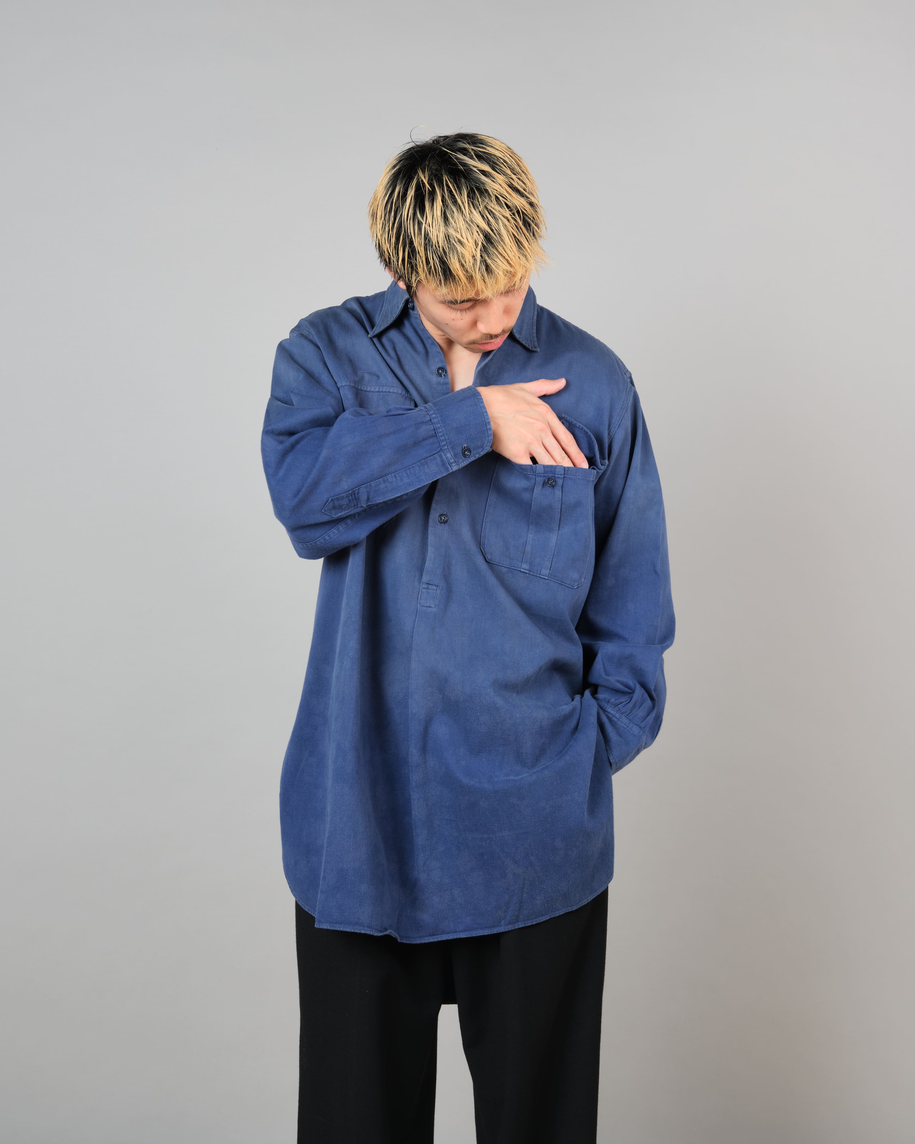 【~50’s】French Vintage Blue Cotton Twill Grandpa Shirt Size.41 "Adolphe Lafont"