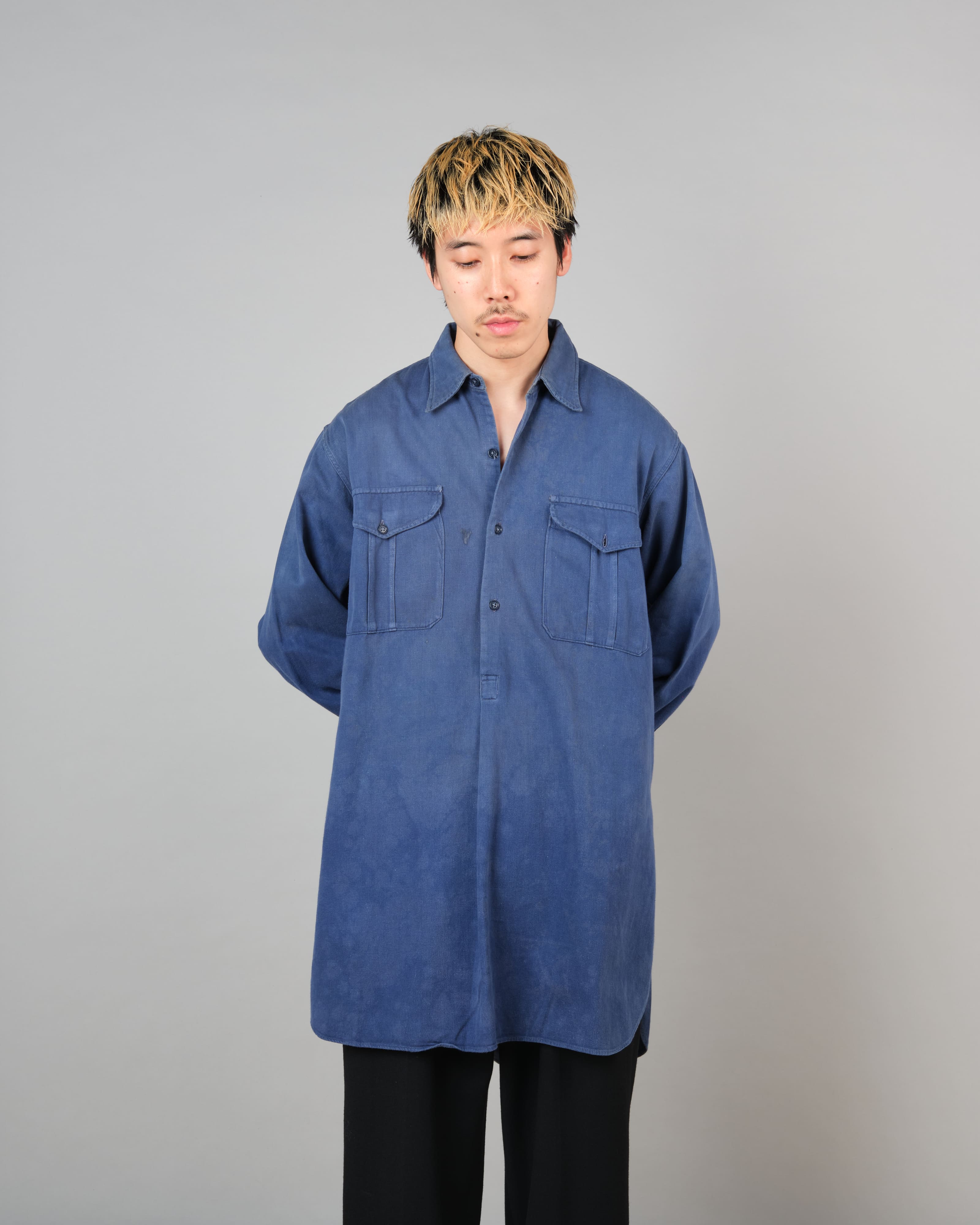 【~50’s】French Vintage Blue Cotton Twill Grandpa Shirt Size.41 "Adolphe Lafont"